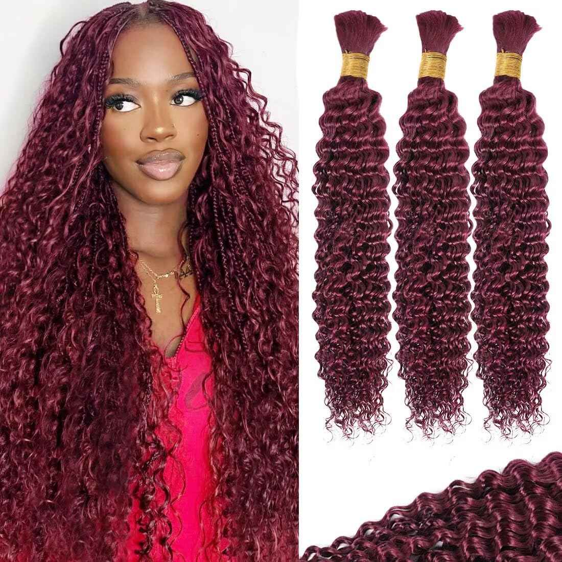 100g 3 Bundles/Pack Burgundy Human Braiding Hair for Boho Braids 14 Inch Curly Boho Hair for Braiding Knotless 12A Deep Wave Bulk Bohemian Color 99J