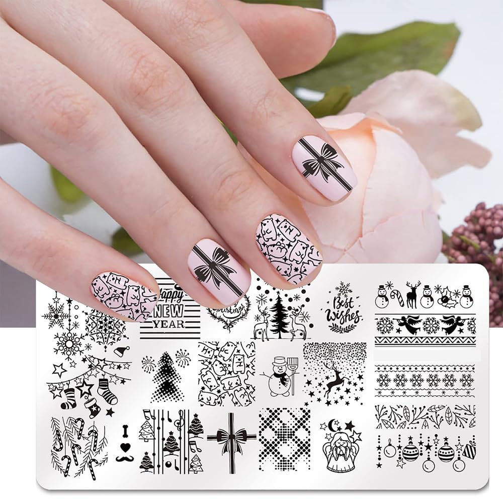 6Pcs Christmas Nail Stamper Kit Stainless Steel Image Nail Stamping Plate Christmas Snowflake Santa Claus Elk Socks Penguin Nail Stamper Templates Gel Nail Polish for DIY Christmas Nail Manicure Set