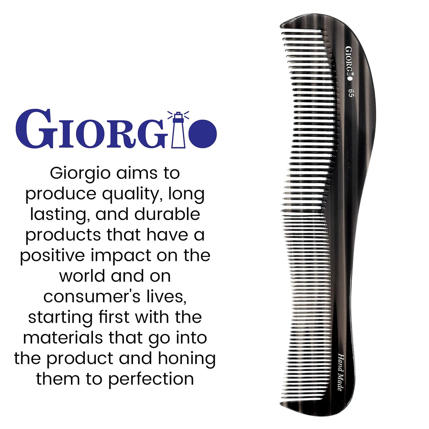 Giorgio G65 Classic Dresser Contour Comb, Double Tooth Coarse/Fine Hair Styling Grooming Comb for Men, Women and Kids. Black Barber Comb Saw Cut, Handmade and Hand Polished for Everyday Hair Care