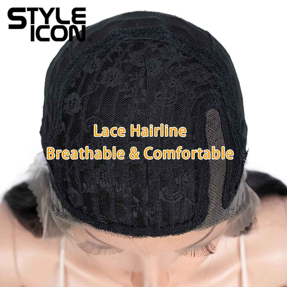 Style Icon 28" Lace Front Wigs Long Straight Synthetic Black Wig (Side Part Lace Wig, 1B)