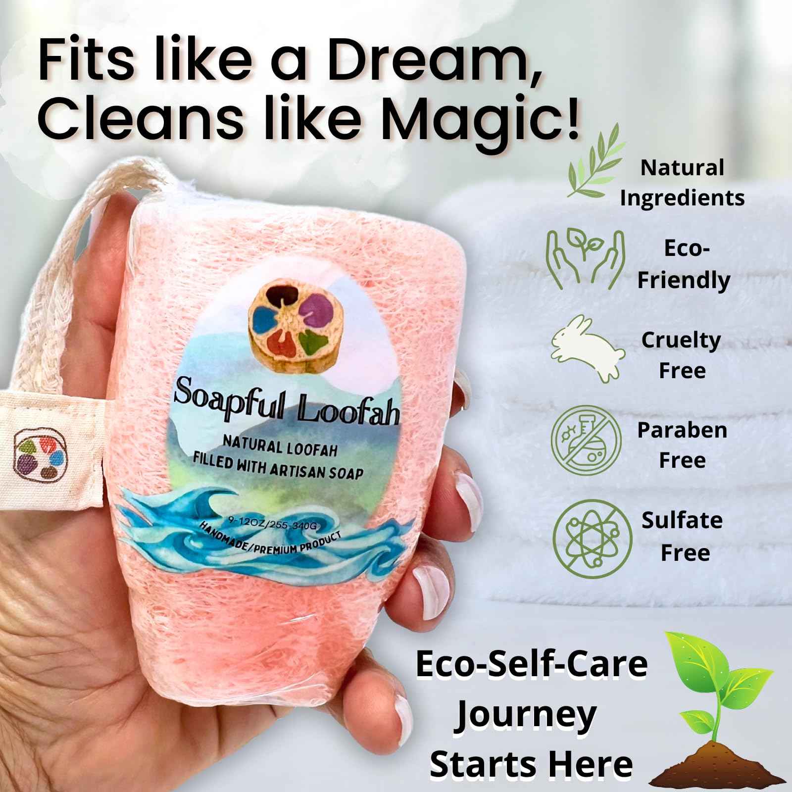 Soap Bar Loofah| Natural Loofah Sponge | Loofah Exfoliating Body Scrubber | 9-12 0z of Plumeria Scented Artisanal Handmade Natural loofah soap in a Disposable Shower Loofah