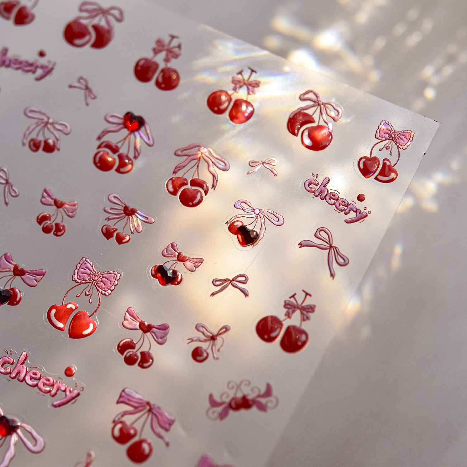 UEYRSEDB Red Cherry Nail Stickers Pink Bow Nail Art Stickers Self-Adhesive Heart Rhinestone Charms Nails Decals Cute Summer Red Cherry Nails Design Summer Pink Bow Supplies for Women Manicure DIY