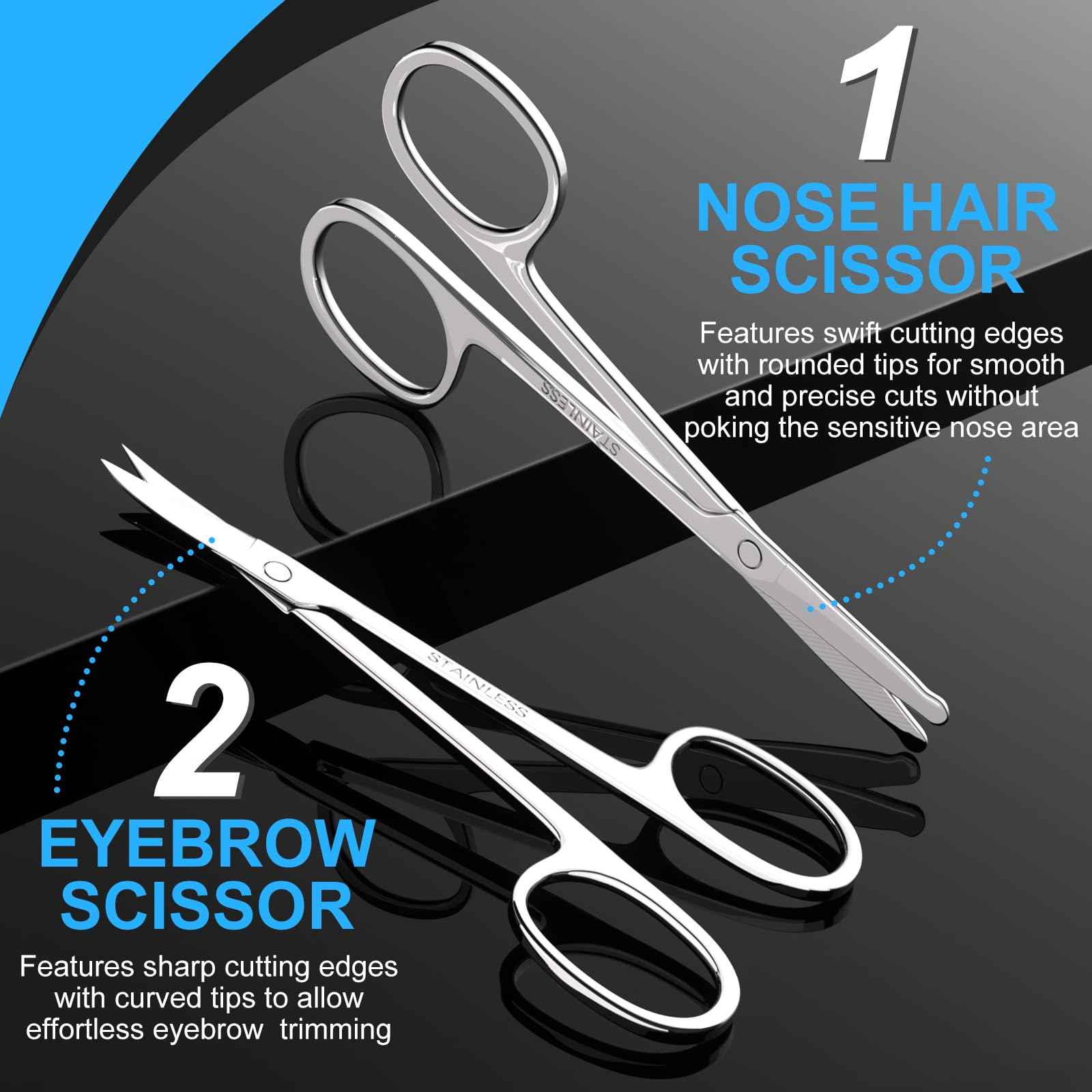 Men's and Women's Facial Hair Small Scissors, Eyebrow, Nose, Beard, Whisker, Eyelash, Ear Hair Trimming Set, Curved and Rounded Safety Tip Scissors for Haircutting 2pcs