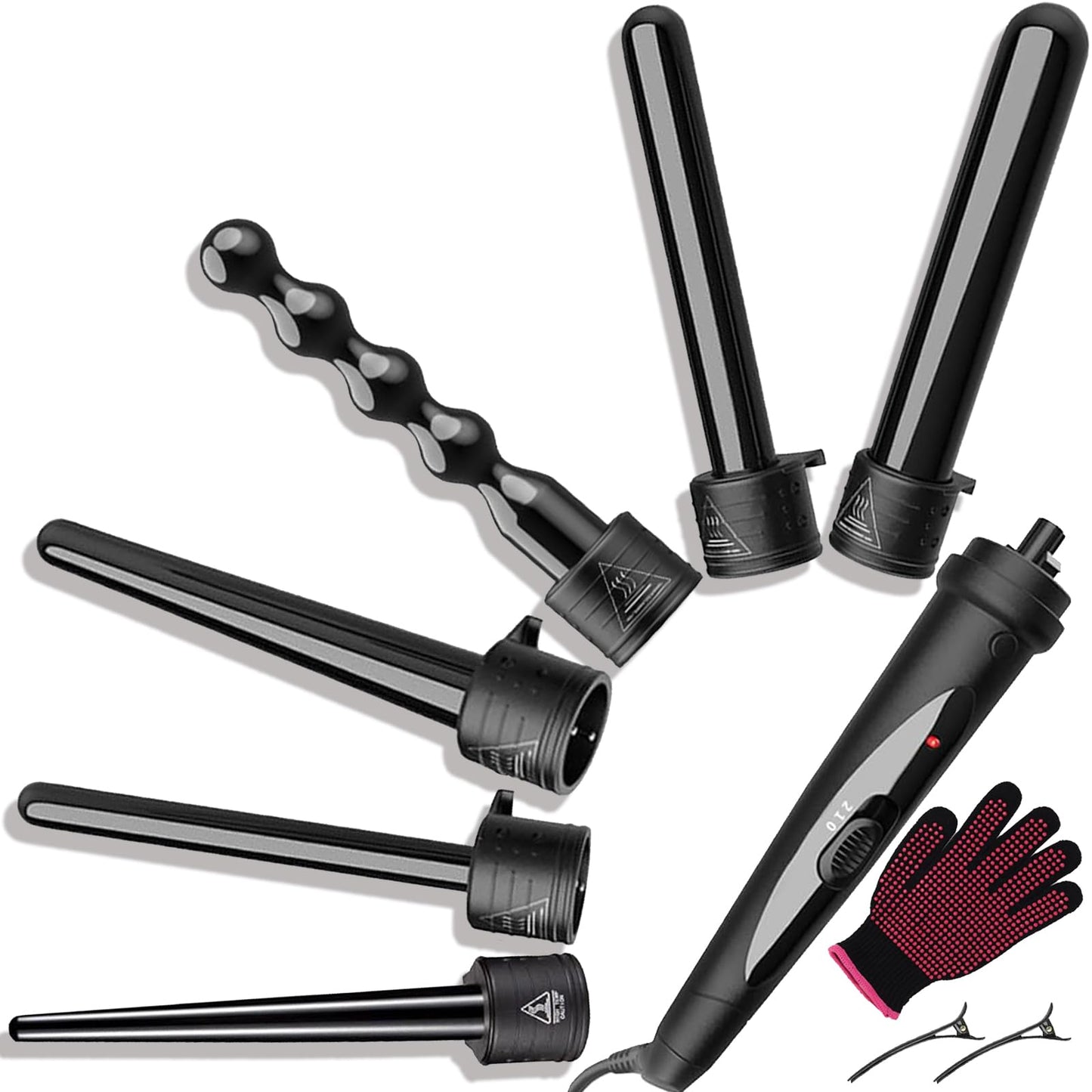 FMFJS 6 in 1 Wand Curling Iron Set, 6 Interchangeable Ceramic Barrel Curling Wands (0.35"-1"), Instant Heat Up(15S), Easy for Beginner with Heat Protective Glove, and 2 Clips