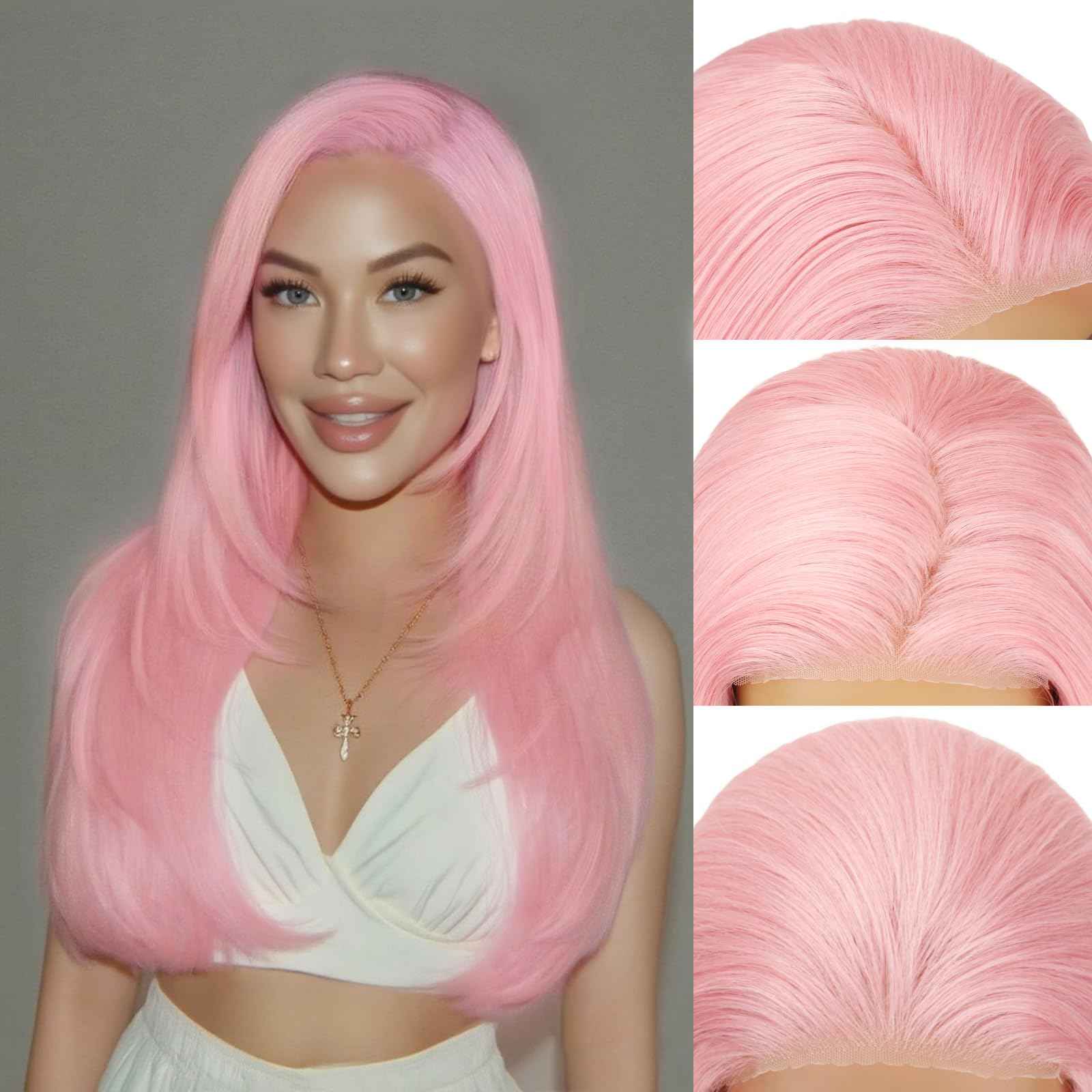 Kmzbasg Pink Lace Front Wig for Women Pre-Plucked Pre Cut Glueless Long Straight Layered Synthetic Ready to Wear Wig 4x6 HD Lace for Girls Party Cosplay and Daily Use 26 Inch