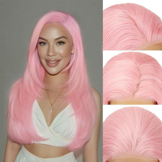 Kmzbasg Pink Lace Front Wig for Women Pre-Plucked Pre Cut Glueless Long Straight Layered Synthetic Ready to Wear Wig 4x6 HD Lace for Girls Party Cosplay and Daily Use 26 Inch