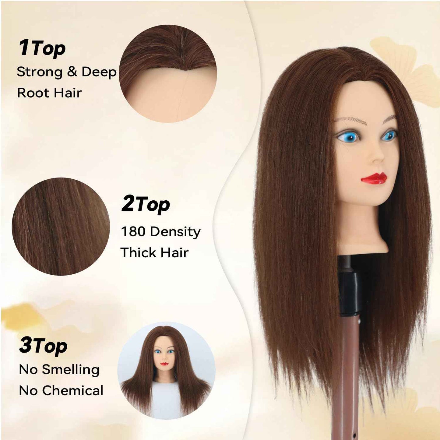 Mannequin Head with 100% Human Hair for Hairstyling Practice, Realistic Makeup Head with Clamp for Beauty Salon Cosmetology Students, Display Styling Head (Brown)