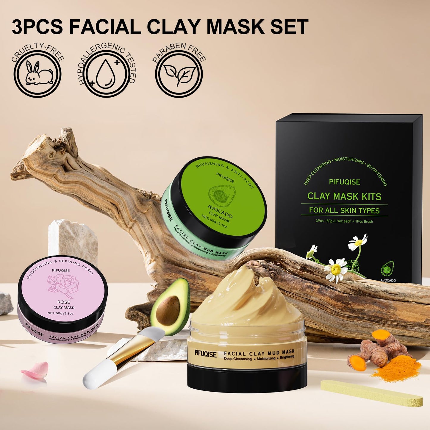 PIFUQISE 3 Pcs Clay Facial Mask Set - Turmeric Vitamin C Clay Mask - Rose Face Mask, Avocado Mud Mask, Facial Skin Care Mask for Deep Cleansing, Oil Control Purify Pores SPA Mask Set 6.35OZ