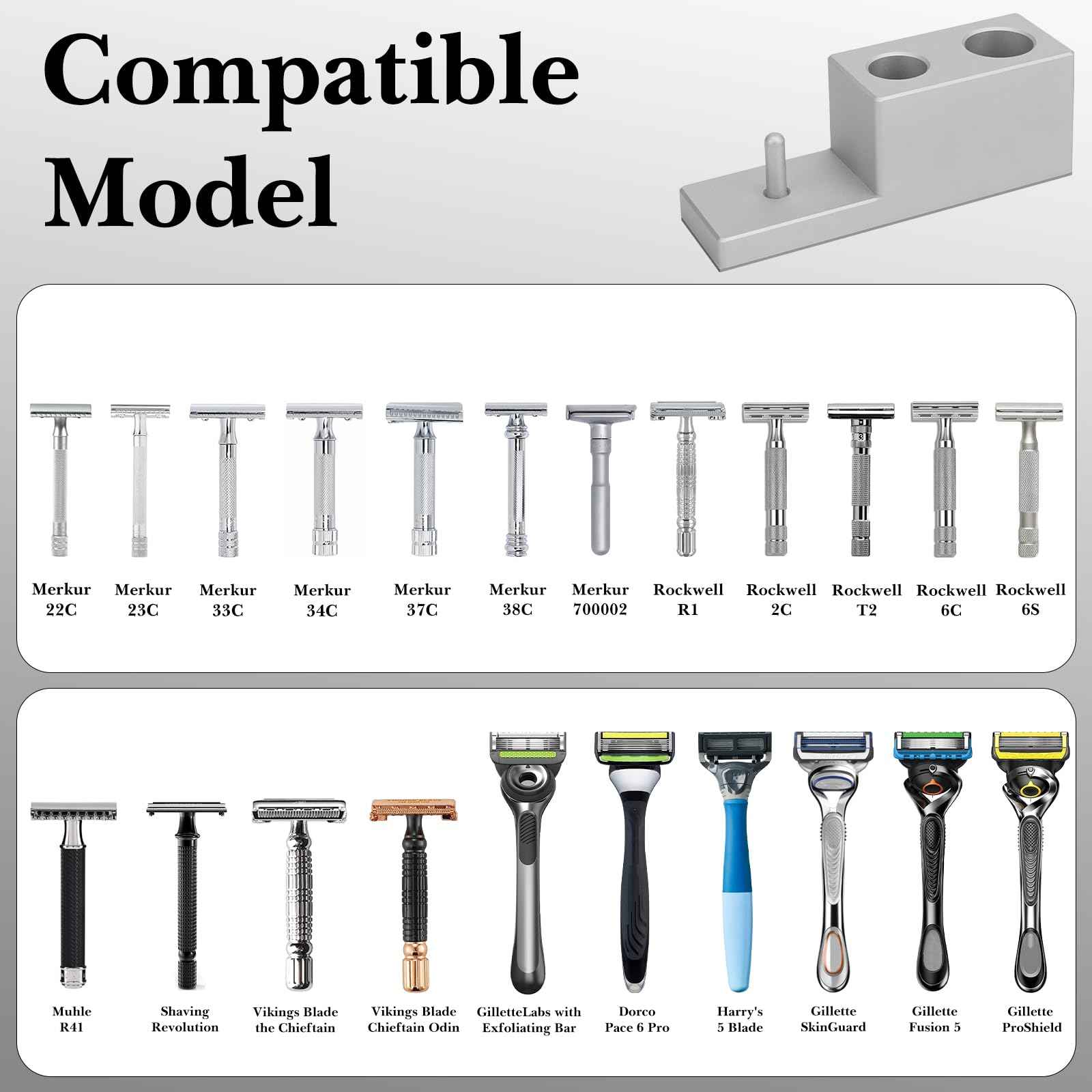 Linkidea Aluminum Alloy Razor Stand with Drainage Base , Compatible with Vikings Blade, Merkur Safety Razors, Collector Display Stand & Bathroom Organizer Gift for Men (Silver)