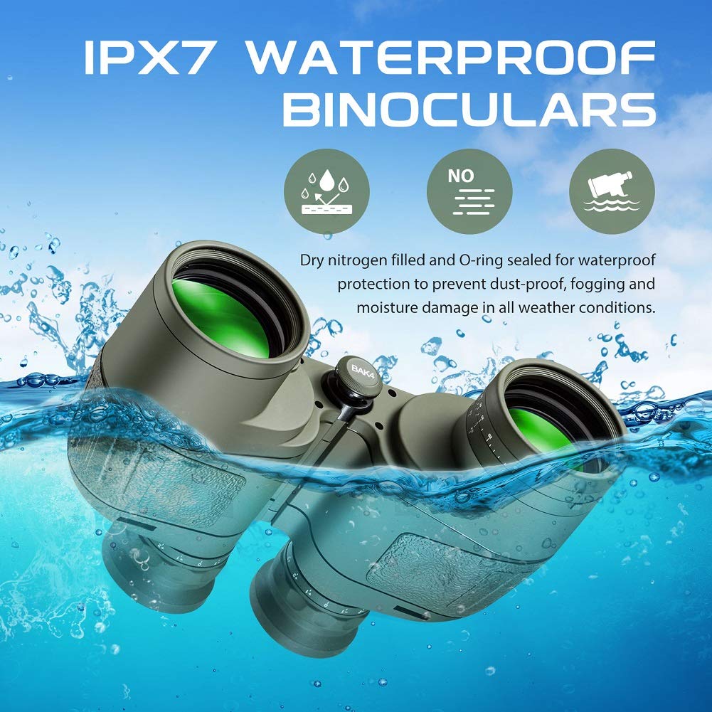 Hooway 7x50 Waterproof Floating Marine Binocular w/Internal Rangefinder & Compass for Navigation,Boating,Bird Watching and More(Army Green)