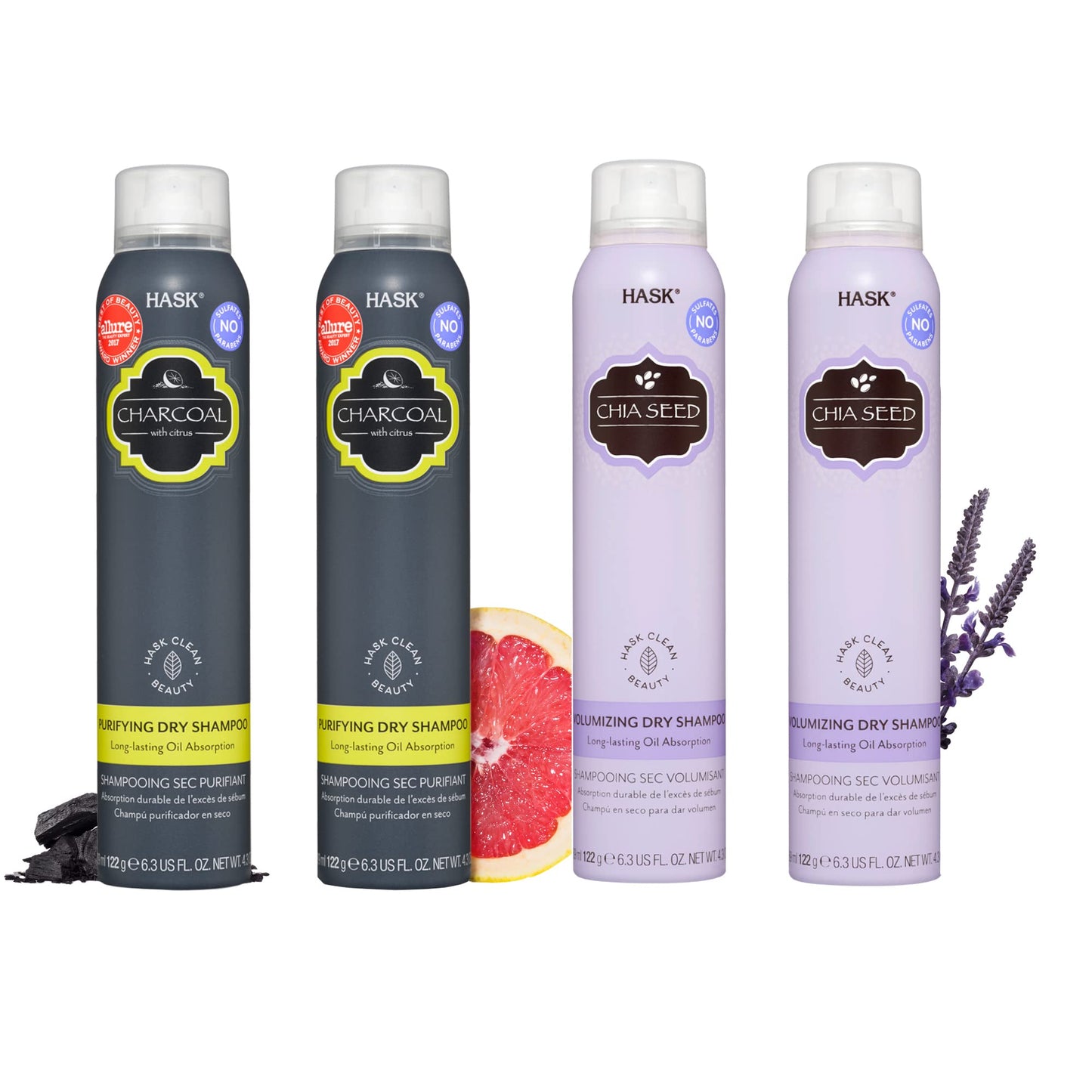 HASK Dry Shampoo Sampler Set: 2 each Chia Seed Dry Shampoo and Charcoal Dry Shampoo 4.3oz cans