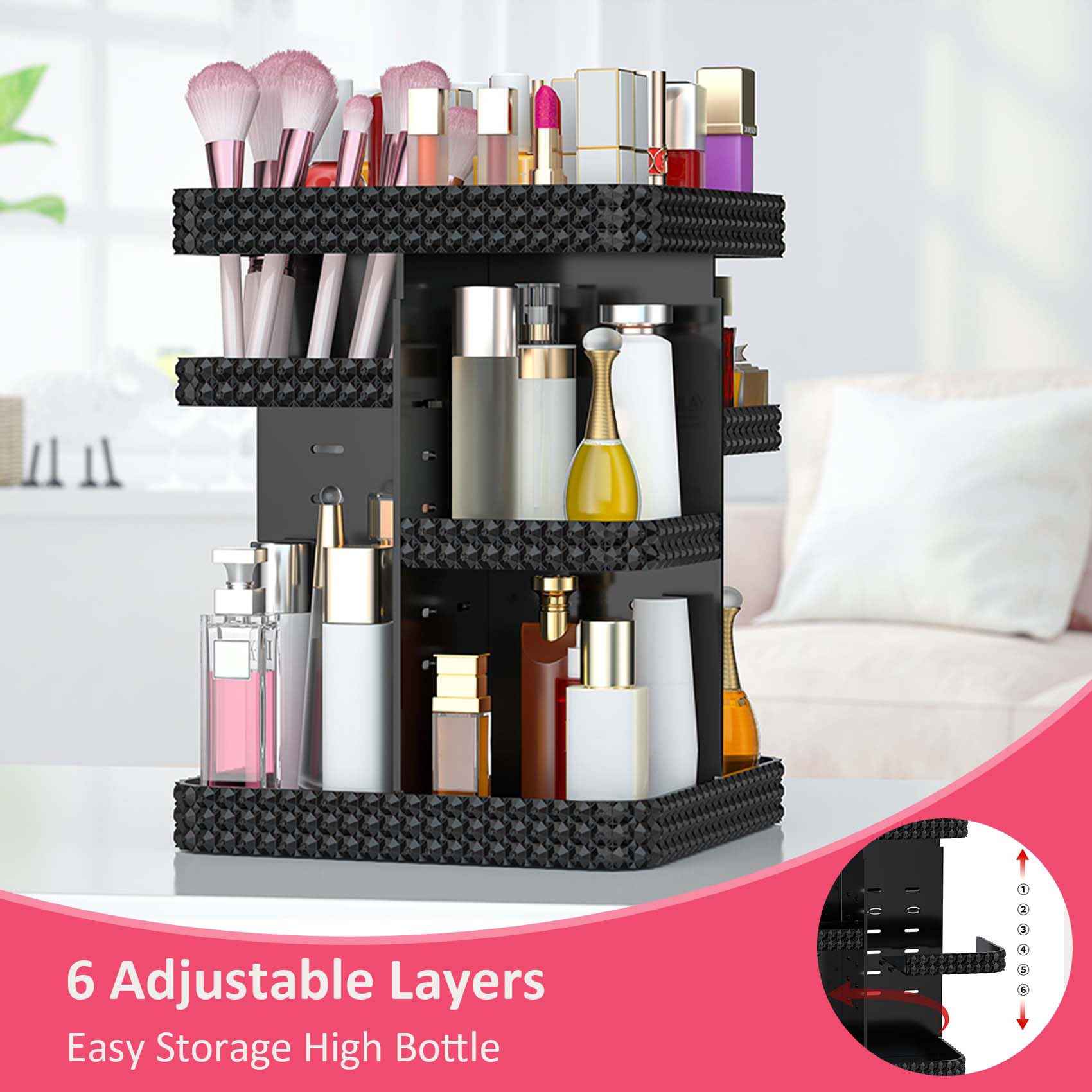 BOCONY Rotating Makeup Organizer, Large Capacity Cosmetic Display Case, Acrylic Skincare Organizer with Brush Holder, Makeup Storage Organizer for Dresser Countertop and Bathroom Vanity - Black