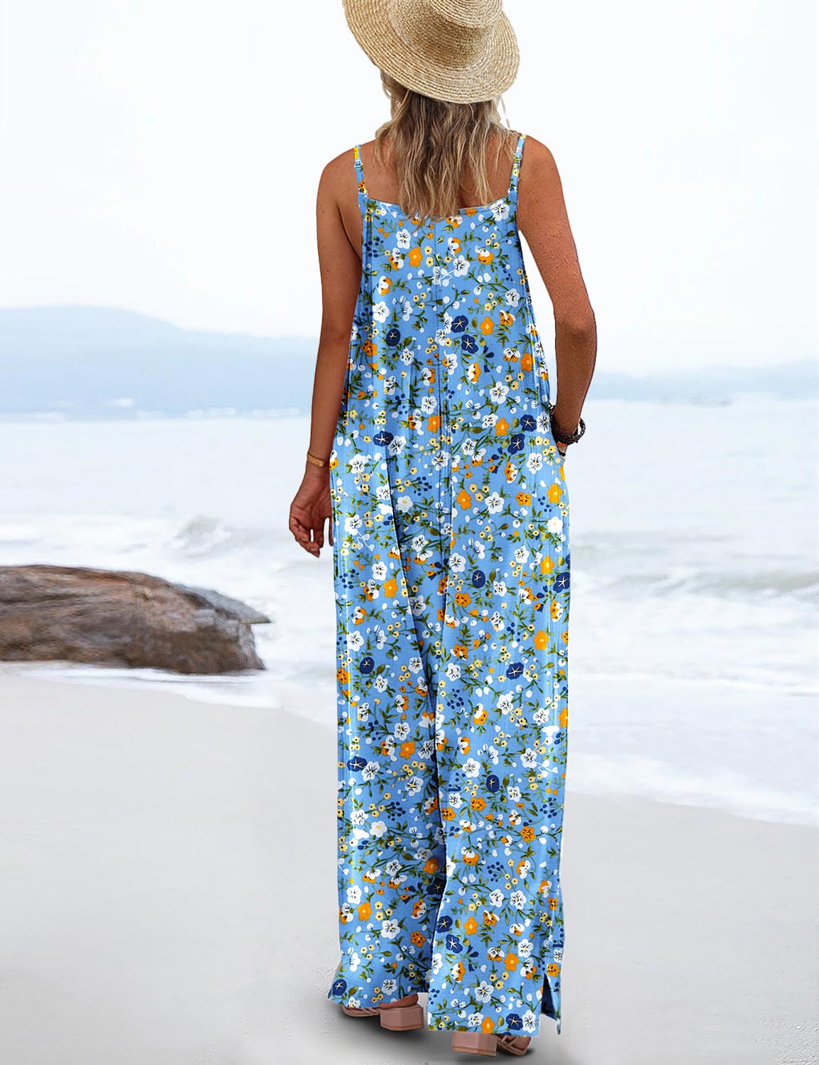 YESNO Women's Summer Boho Casual Jumpsuits Wide Leg Overalls Floral Print Baggy Rompers with Pockets XS PZZCR 415