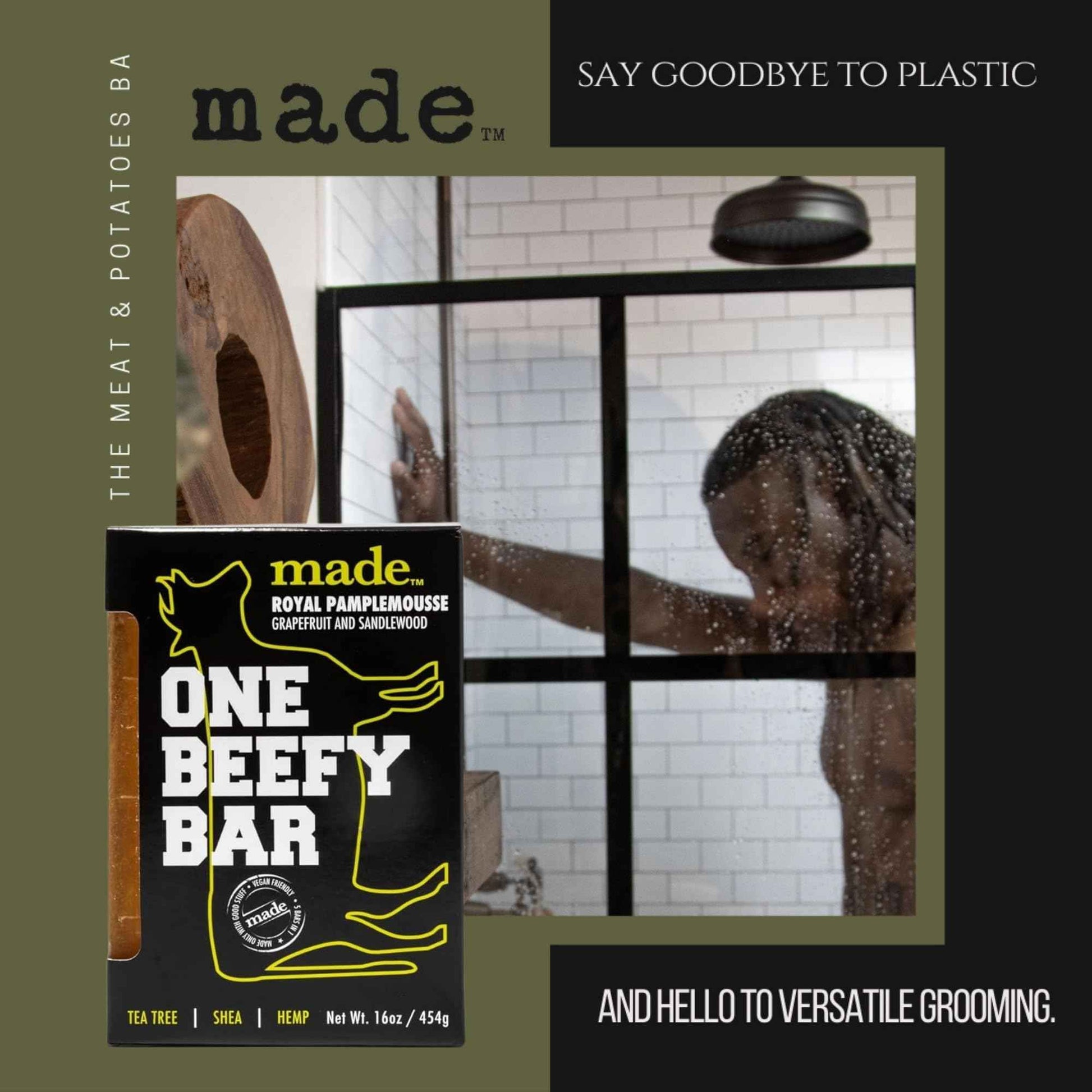 made One Beefy Bar | Royal Pamplemousse | Shampoo, Body Wash & Shaving Soap | Grapefruit & Sandalwood Scent | Breakaway Brick Design | Moisturizing with Coconut Oil, Shea Butter & Aloe Vera | 16 oz