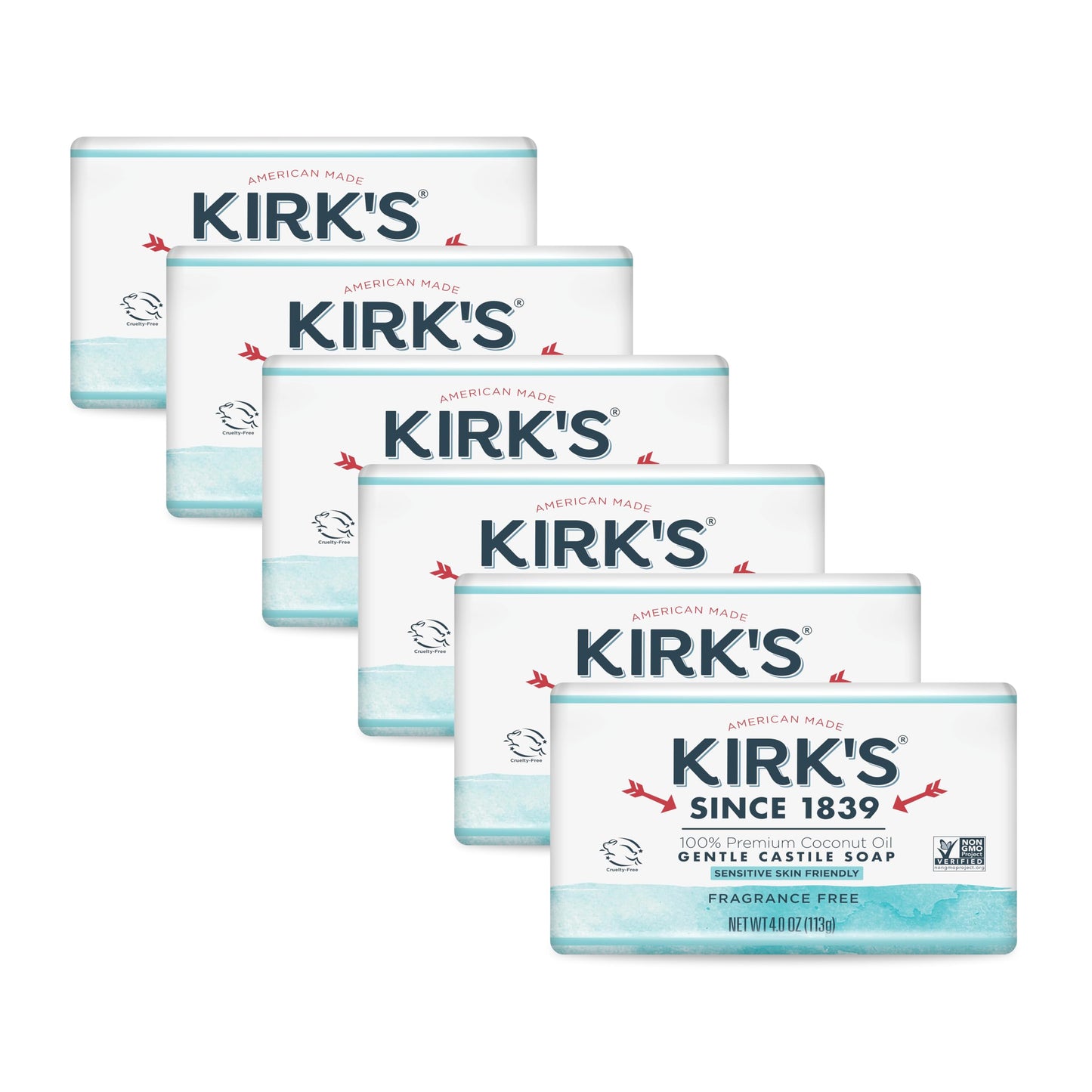 Kirk's Castile Bar Soap for Men, Women & Children - Made with Premium Coconut Oil, Sensitive Skin Formula- Vegan & Non GMO- Fragrance Free- 4 oz. Bars 6 Pack