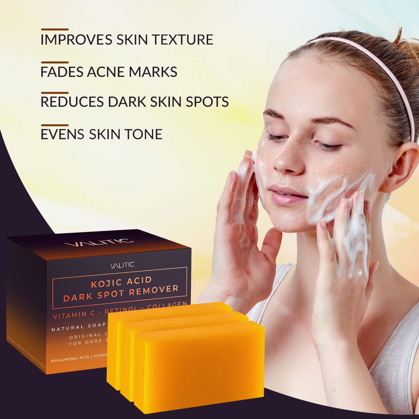 VALITIC Kojic Acid Dark Spot Remover Soap Bars with Vitamin C, Retinol, Collagen, Turmeric - Original Japanese Complex Infused with Hyaluronic Acid, Vitamin E, Shea Butter, Castile Olive Oil (3 Pack)