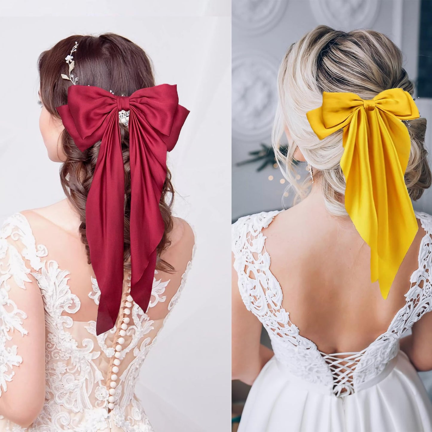 4PCS Oversized Satin Silk Hair Accessories - Long Tail Bowknot Barrettes with Metal Clips for Women in Red, Yellow, Black, White