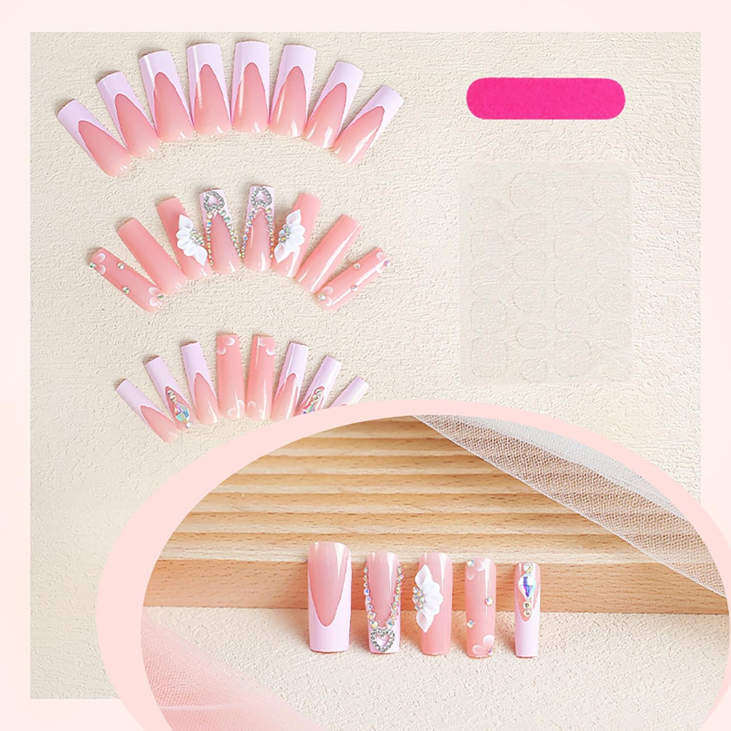 24 Pcs Long Square Press on Nails Fake Nails Pink Full Cover Stick on Nails with Floral Rhinestone Designs Glossy False Nails 3D Nail Charms French Tip Nails for Women Girls