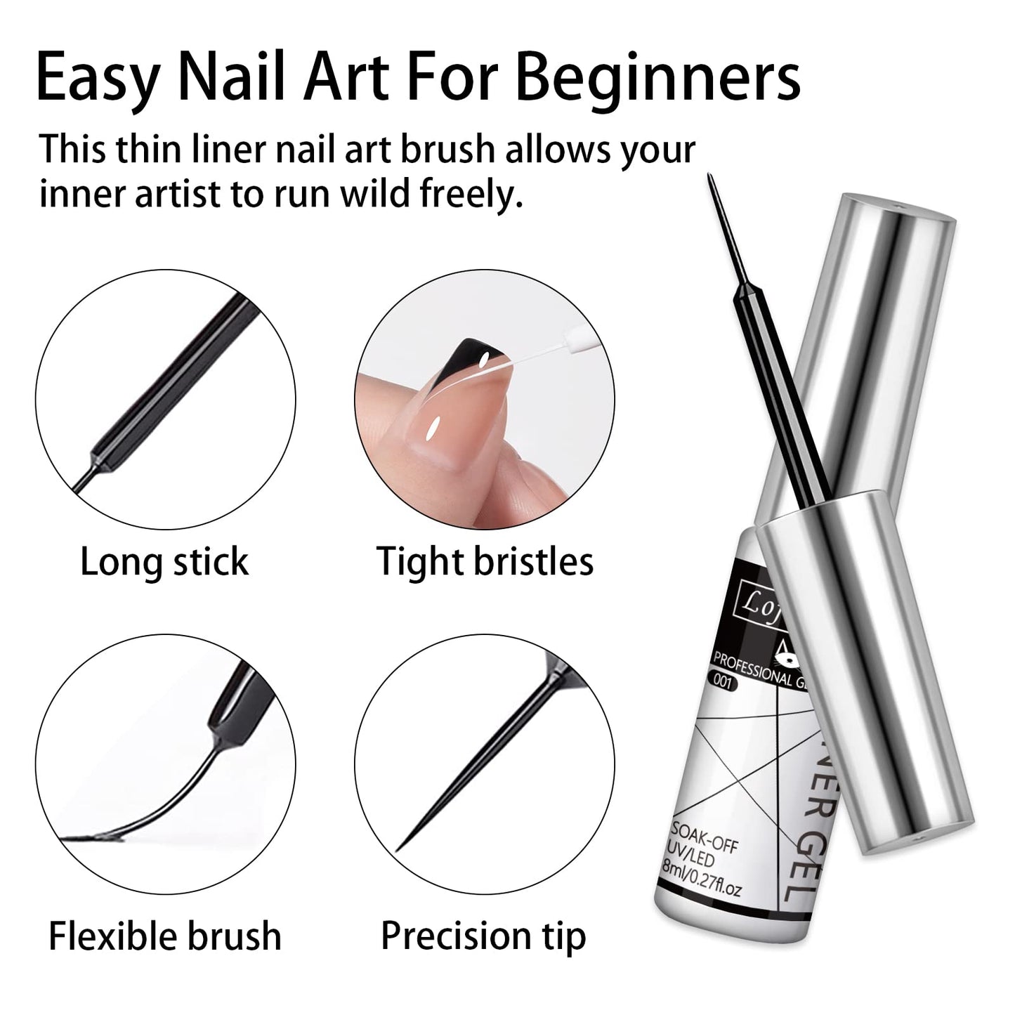 lofuanna Nail Liner Gel Polish Set Nail Art Gel Polish, 6 Colors White Black Red Glitter Painting Drawing Gel Kit Built Thin Nail Art Brush in Bottle Gel Pens Soak off DIY for Home Salon