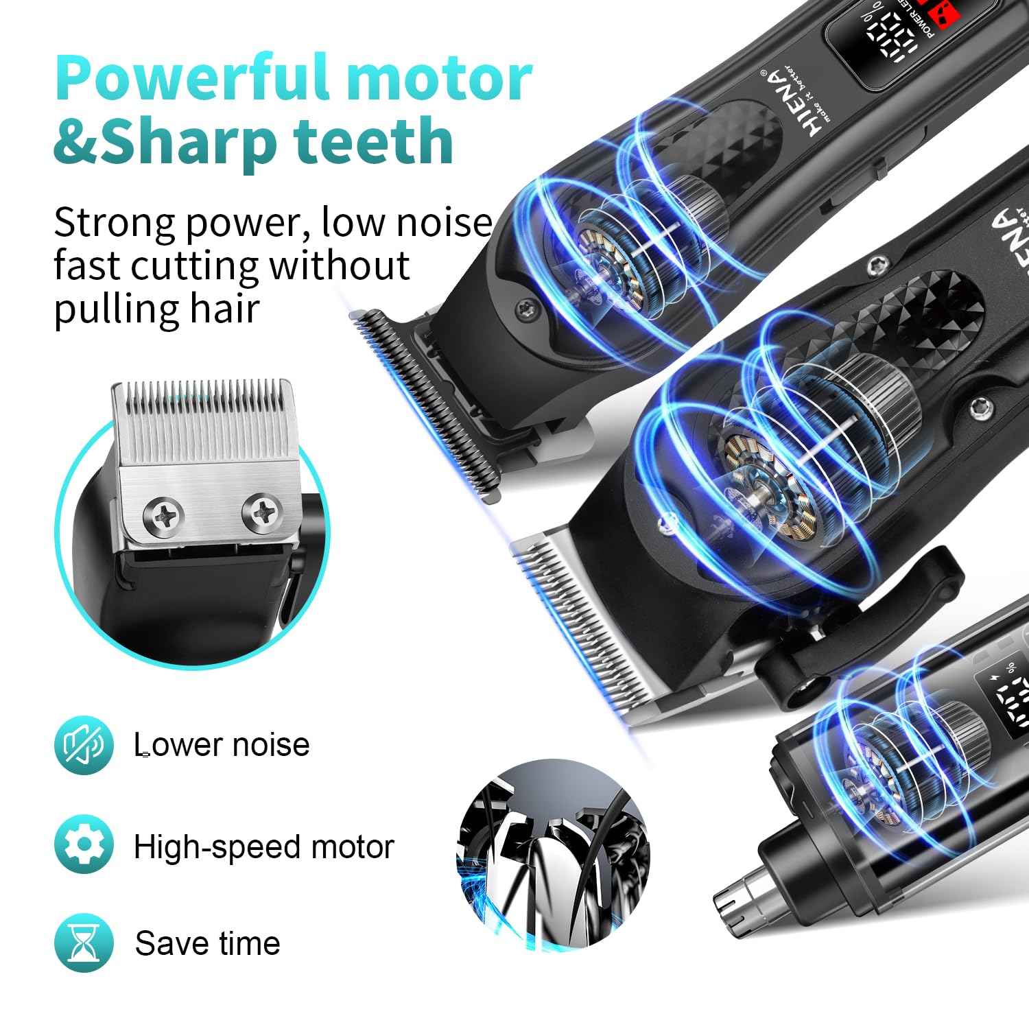 HIENA PRO Professional Cordless Hair Clippers for Men, Beard Trimmer & Nose Hair Trimmer Set, Rechargeable Electric Barber Hair Cutting Grooming Kit