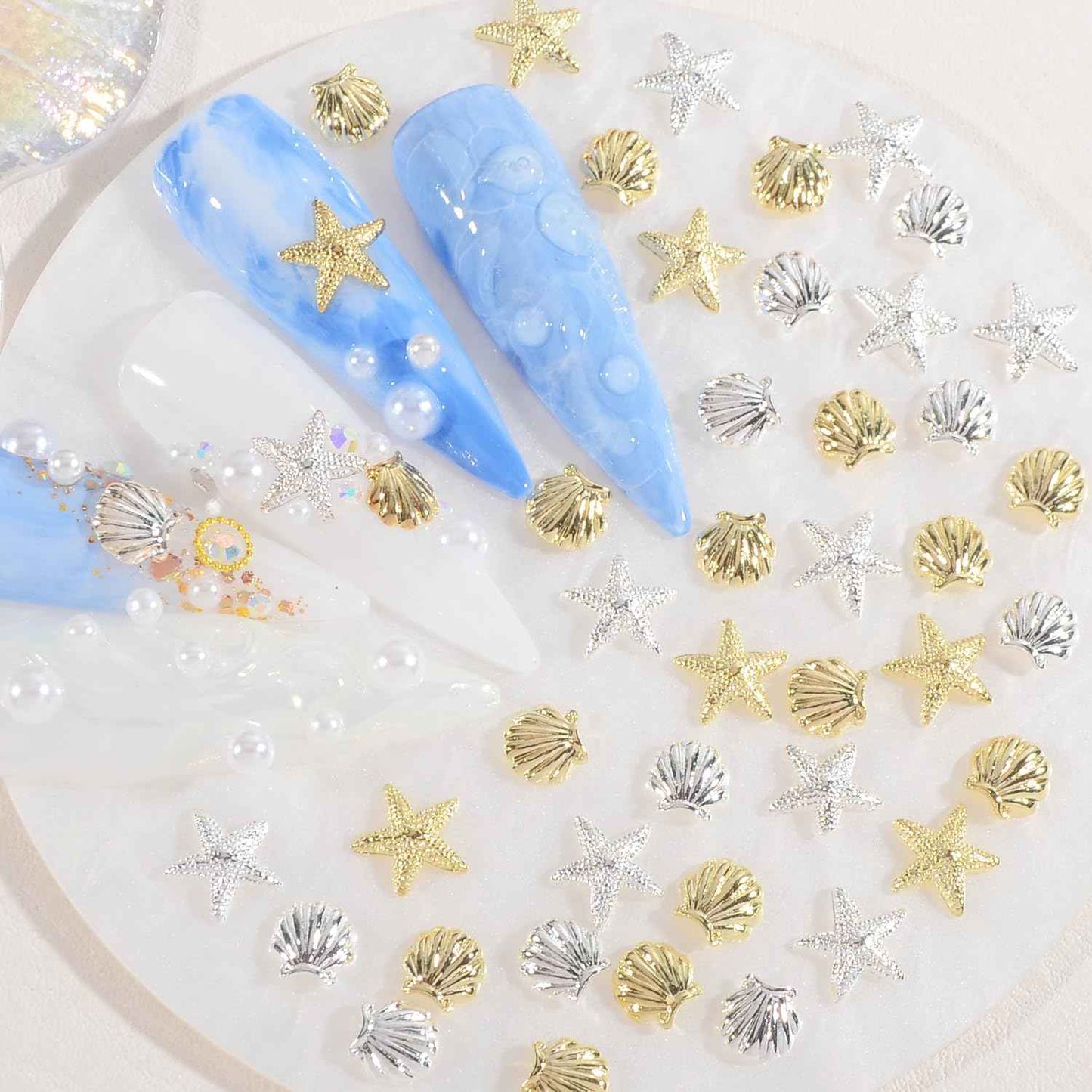 WEILUSI 100PCS Gold Silver Nail Art Charms Ocean Theme Shell Starfish Studs Decals Rivets, Alloy 3D Sea Shell Star Metal Nail Jewelry Supplies for DIY Manicure Decoration
