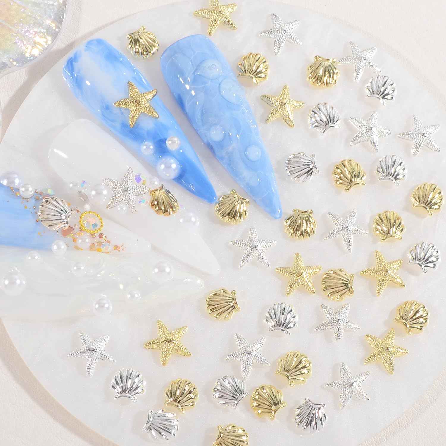 WEILUSI 100PCS Gold Silver Nail Art Charms Ocean Theme Shell Starfish Studs Decals Rivets, Alloy 3D Sea Shell Star Metal Nail Jewelry Supplies for DIY Manicure Decoration