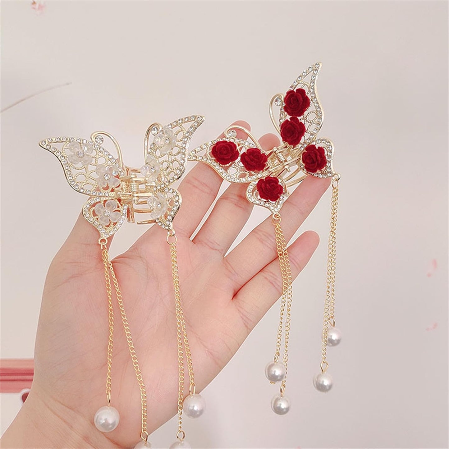 Butterfly Hair Claw Clips Hair Flower Hair Barrettes Fluttering Tassel Hair Accessories Set for Women and Girls (Pack of 2)-041