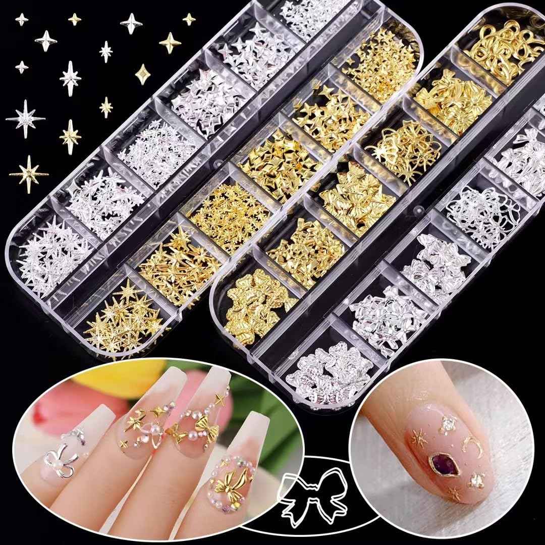 COOSLIM 150PCS Gold Bow Nail Charm 3D Silver Nail Bows 12 Styles Mini Alloy Bowknot Diamonds Butterfly Gems Christmas Wedding Prom Crystal Rhinestones Decoration for Women Girls Crafts DIY 4