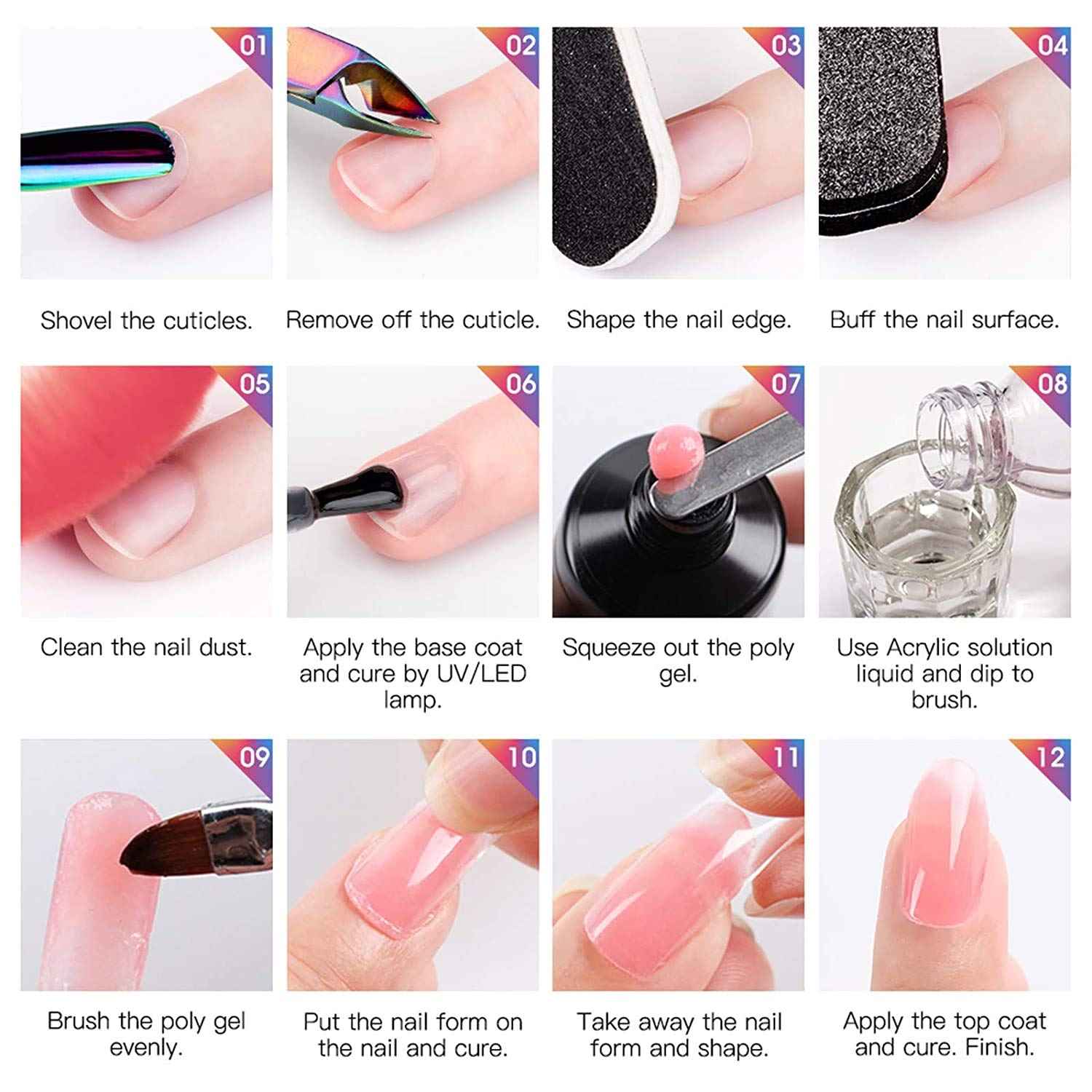 Vishine Poly Nail Extension Gel Kit - 8 Colors, 48W LED UV Lamp, Builder Gel, Slip Solution, Base Top Coat, Rhinestone Nail Manicure Beginner Starter Kit