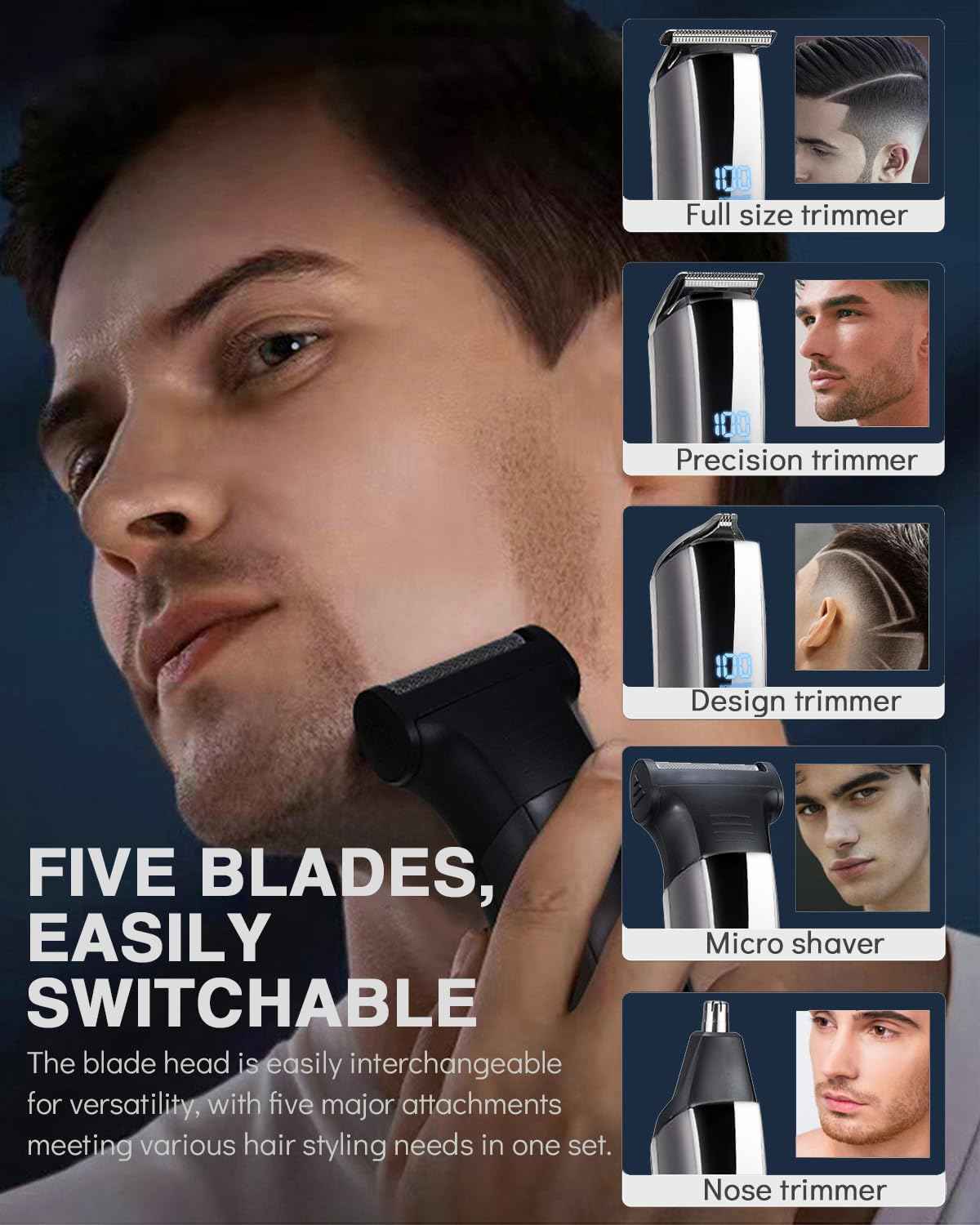 Beard Trimmer for Men - 5 in 1 Kit Electric Razor, Nose Hair Trimmer with LED Display, Cordless Mustache Body Face Grooming Kit, Rechargeable Beard Shaver (Aluminum)