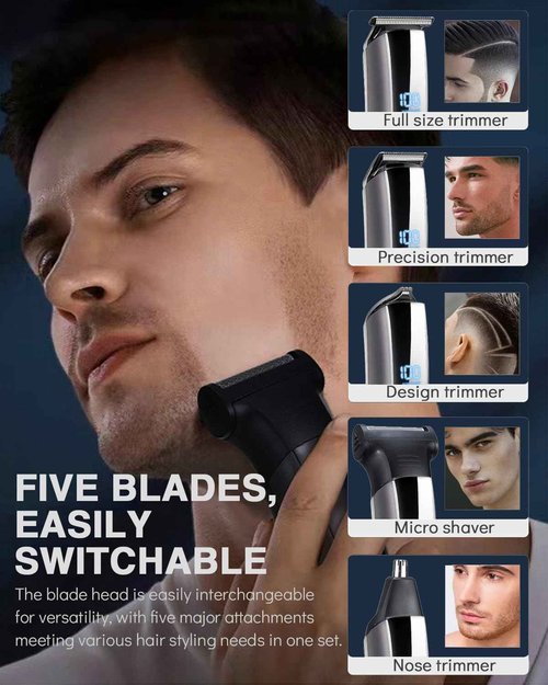Beard Trimmer for Men - 5 in 1 Kit Electric Razor, Nose Hair Trimmer with LED Display, Cordless Mustache Body Face Grooming Kit, Rechargeable Beard Shaver (Aluminum)