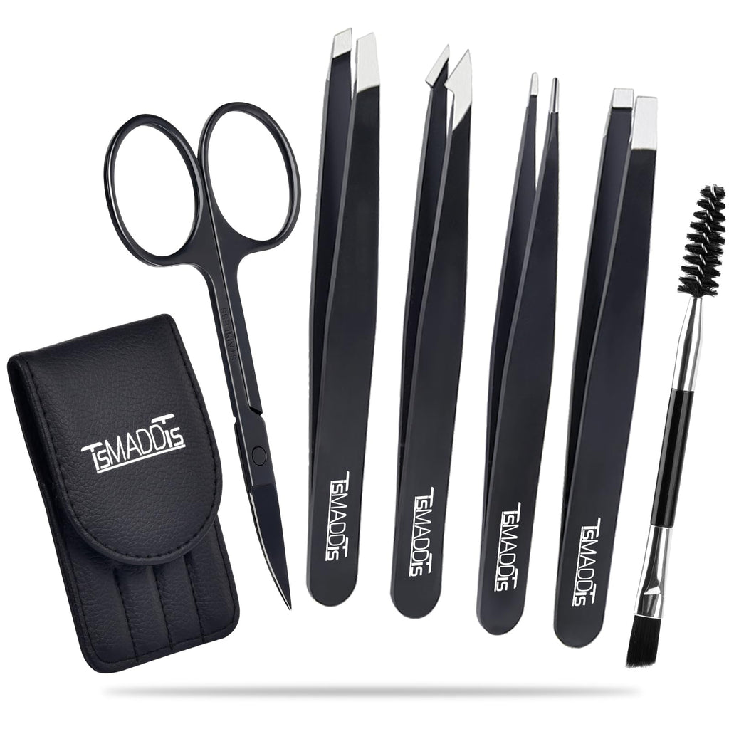 TsMADDTs Tweezers Set and Curved Scissors, Professional Stainless Steel Tweezers for Women and Men, 6 Pack Precision Tweezers For Eyebrows for Ingrown Hair, Daily Beauty Tool with Leather Travel Case