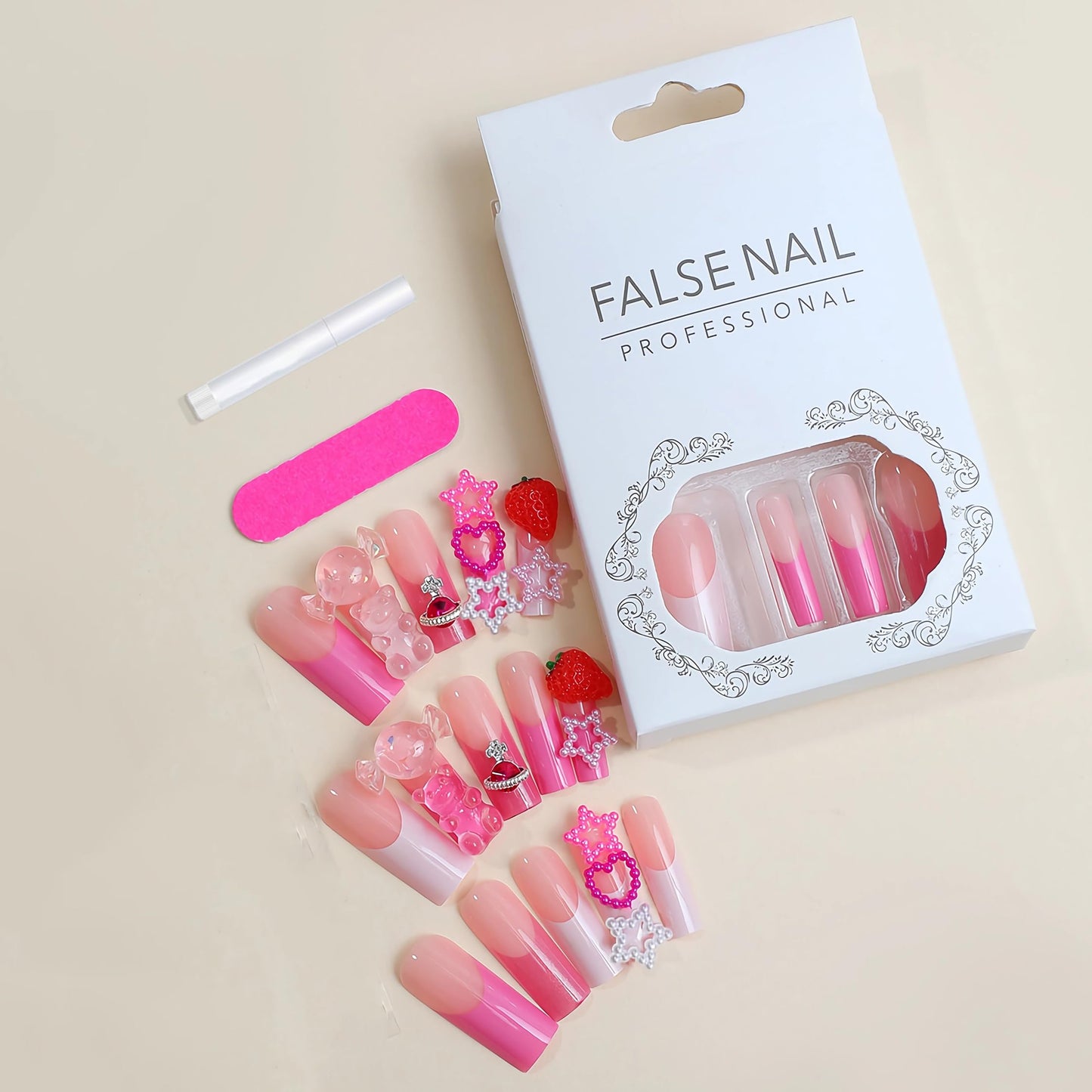 BABALAL Pink Press on Nails Long Square Fake Nails Cute Glue on Nails 3d Bear Candy Star Heart Strawberry Charm Acrylic Nails Rhinestone Squoval Manicure Stick on False Nails 24Pcs Nails Press on