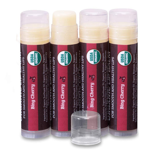 USDA Organic Lip Balm 4-Pack by Earth's Daughter - Cherry Flavor, Beeswax, Coconut Oil, Vitamin E - Best Lip Repair Chapstick for Dry Cracked Lips.