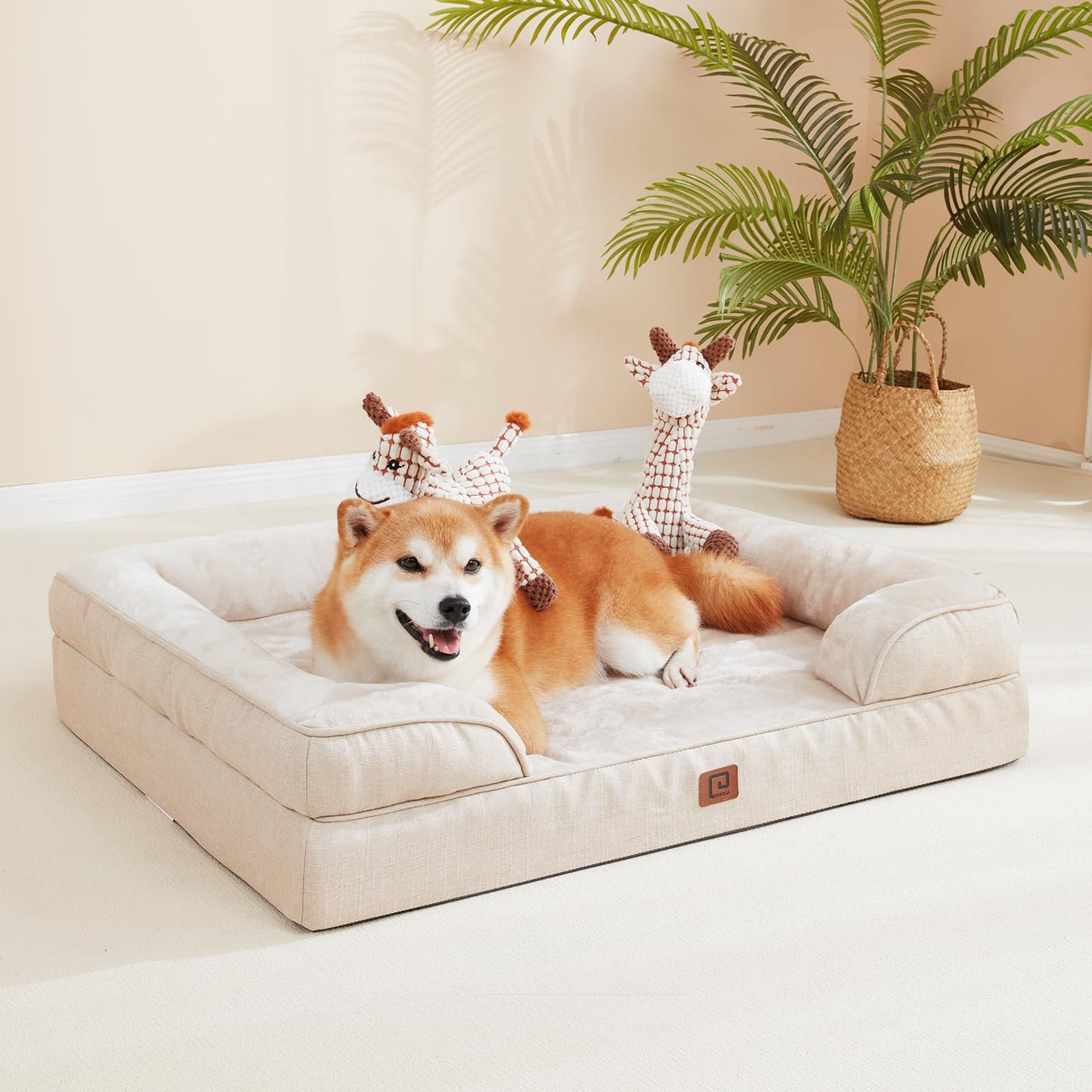 EHEYCIGA Orthopedic Dog Beds for Large Dogs, Waterproof Memory Foam Large Dog Bed with Sides, Non-Slip Bottom and Egg-Crate Foam Large Dog Couch Bed with Washable Removable Cover, Beige