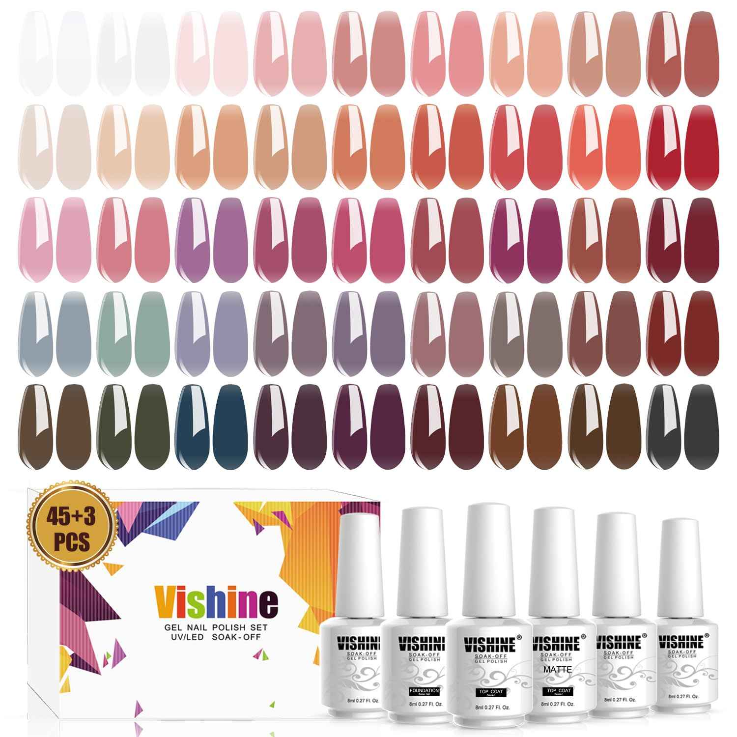 Vishine 48 PCS Jelly Gel Nail Polish, 45 Colors, Brown, Translucent, Crystal Clear Sheer Manicure Gift Set