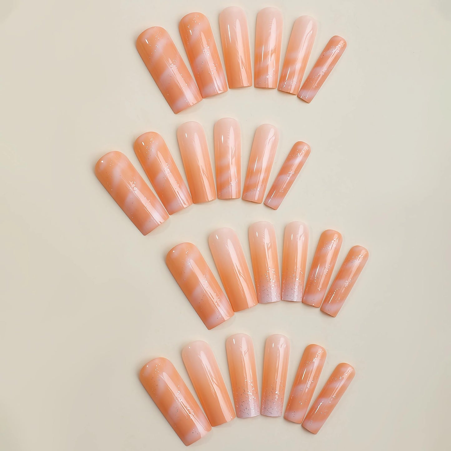 BABALAL Square Press on Nails Long Fake Nails Summer Orange Ombre Glue on Nails Glitter Shiny Acrylic Nails 24Pcs Squoval Stick on False Nails for Women and Girls