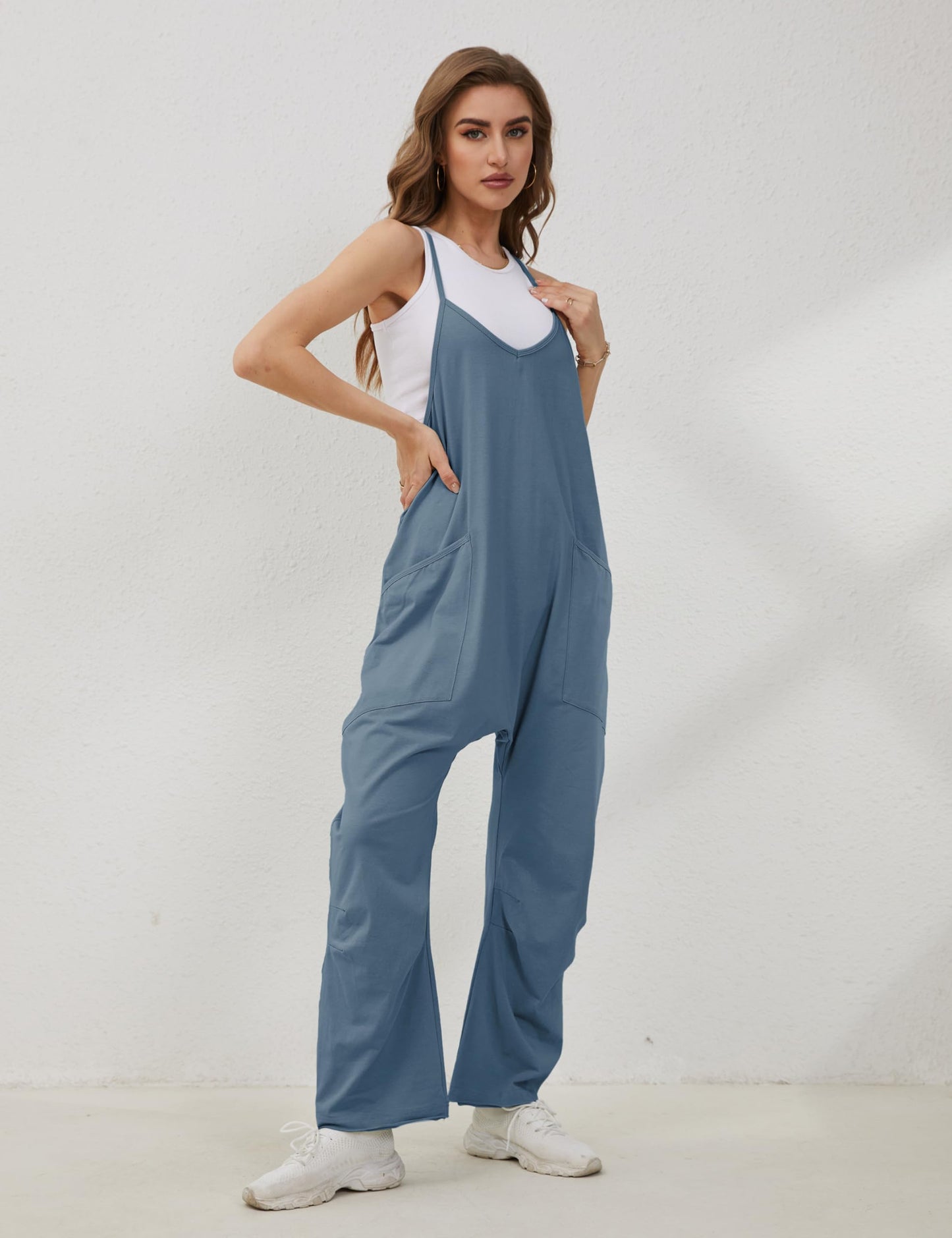 Lentta Women's Causal Jumpsuits V Neck Sleeveless Harem Overalls Stretchy Adjustable Strap Romper with Pockets(BlueGrey-S)