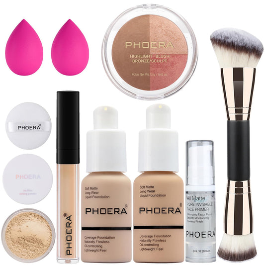 PHOERA Foundation, PHOERA Contour Palette,Shades with Highlighter & Bronzer & Blush,Up to 24 Hour Fresh Wear,PHOERA Concealer Primer Powder (102+104+ #002 Contour/Nude+Buff Beige+#002)