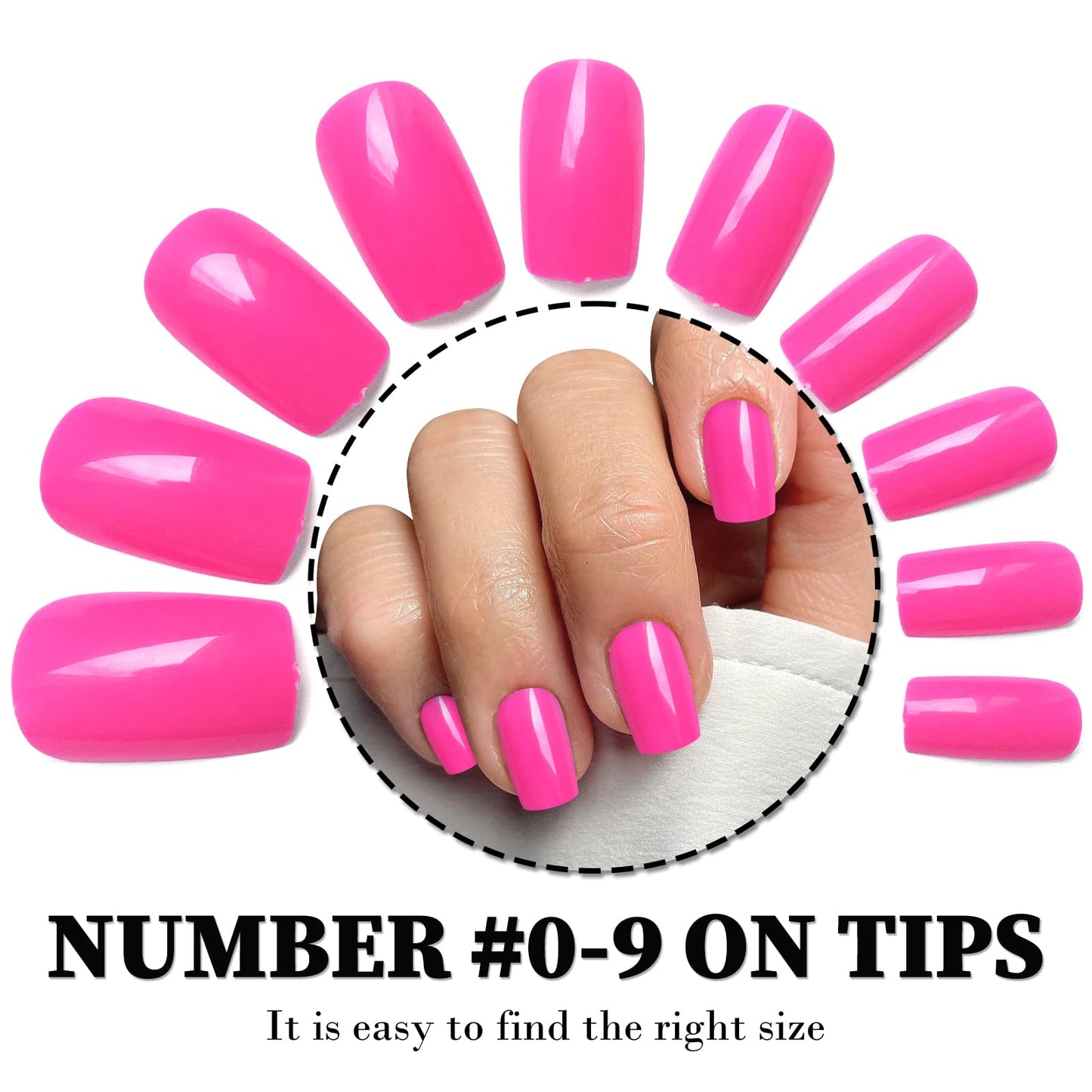 LuckForever 120pc Medium Press on Nails Square Fake Nail Tips, Hot Pink Square Press on Nails Medium False Nails Press ons Artificial Fingernail & Glue Adhesive Tabs Nail Kit for Women Girls Kids