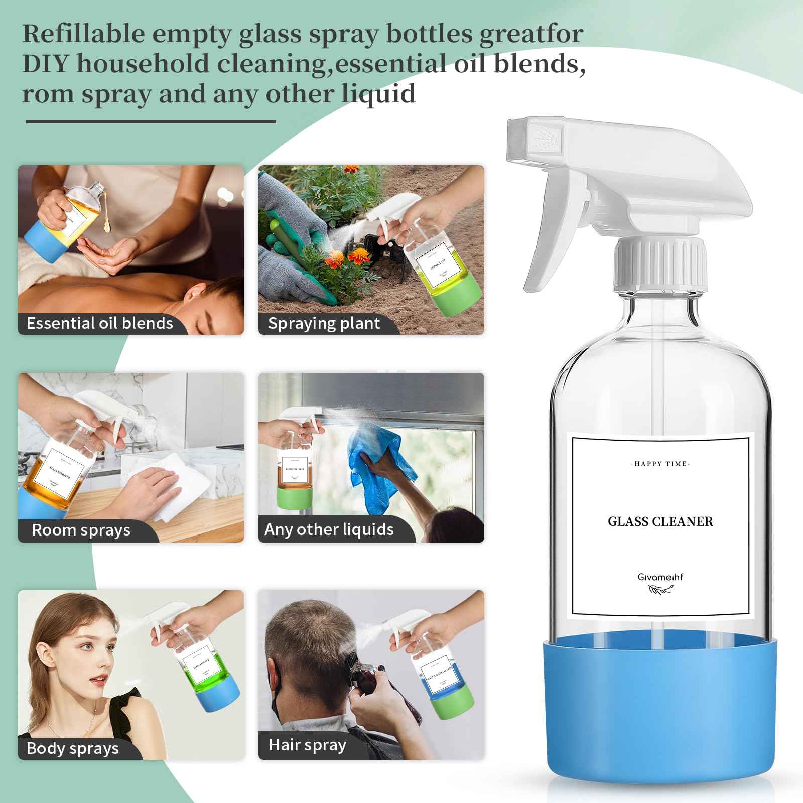 GIVAMEIHF 2 Pack Glass Spray Bottles with Silicone Sleeve,16oz Clear Glass Spray Bottles Refillable Empty Bottle with Adjustable Nozzle,Spray Bottle for Essential Oils,Cleaning Solutions,Pets,Hair