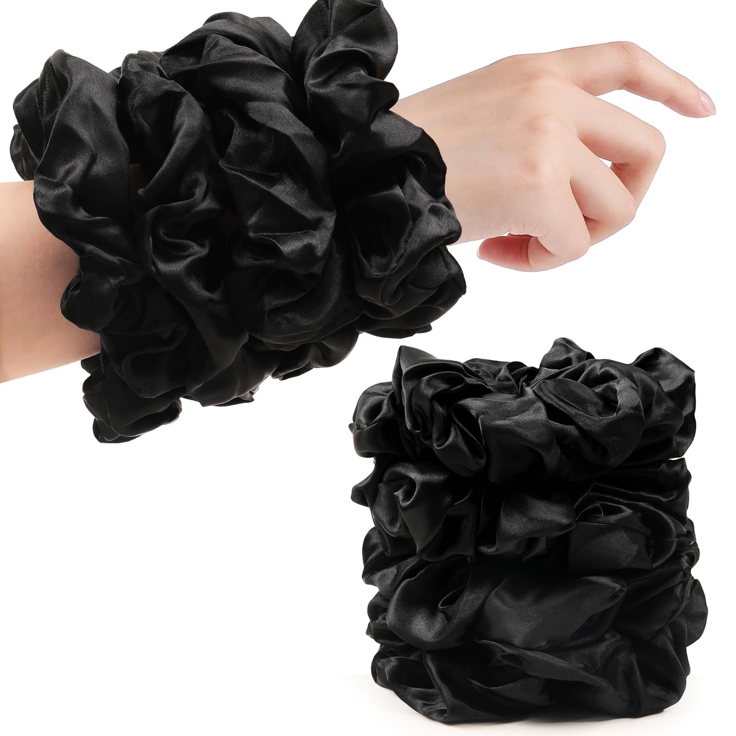 Black Scrunchies Hair Ties for Women - Big Satin Scrunchie Exra Large Jumbo Gaint Oversized Cute Scrunchy for Curl Thick Hair Ligas Para el Cabello De Mujer Decorations Hair Accessories