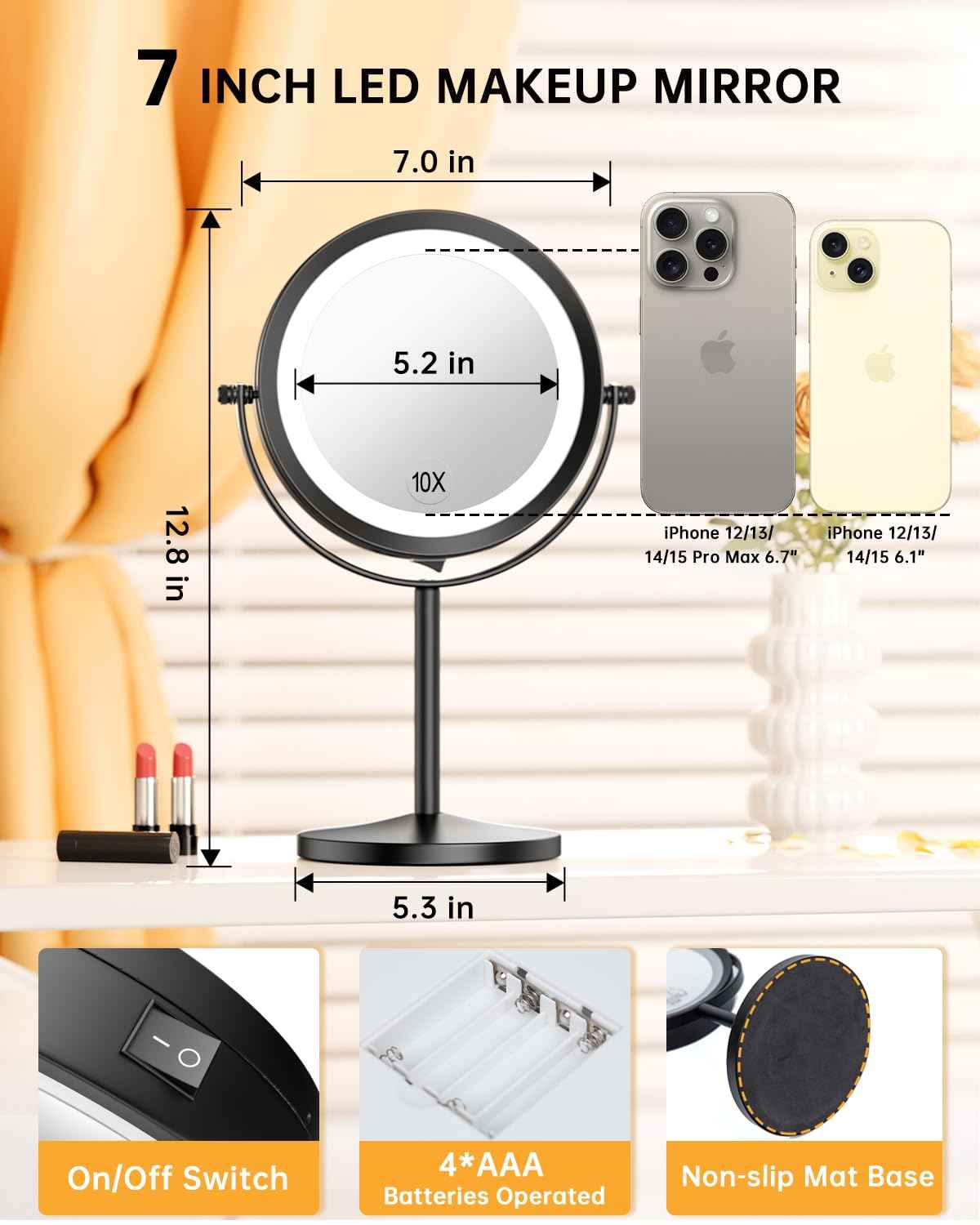Gospire 7" Lighted Makeup Mirror with Magnification 10X/1X Double Sided, Round Magnifying LED Vanity Standing Cosmetic Shaving Mirror with Battery Operated, Cordless Portable for Bathroom Bedroom