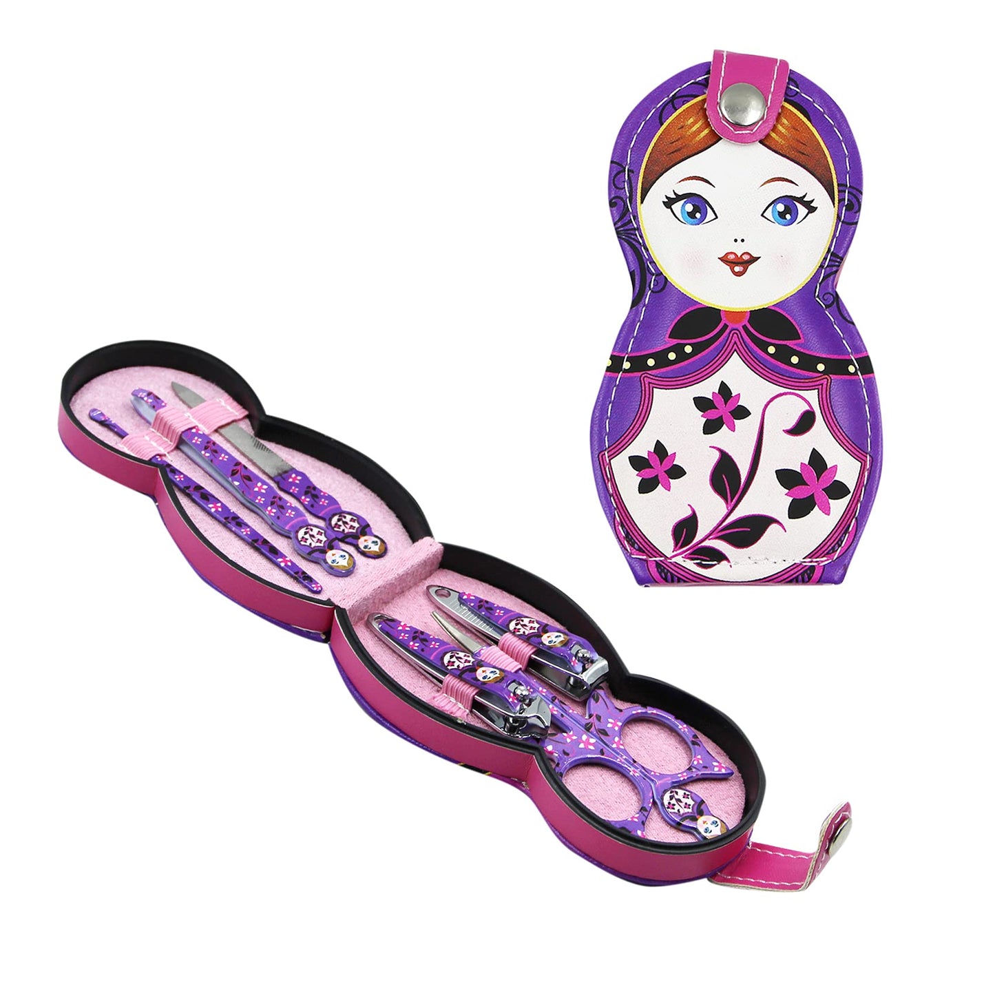 Aibearty Adorable Russian Doll Pattern Stainless Nail Clippers Set of 6Pcs, Professional Grooming Kit, Nail Tools with Luxurious Travel Case