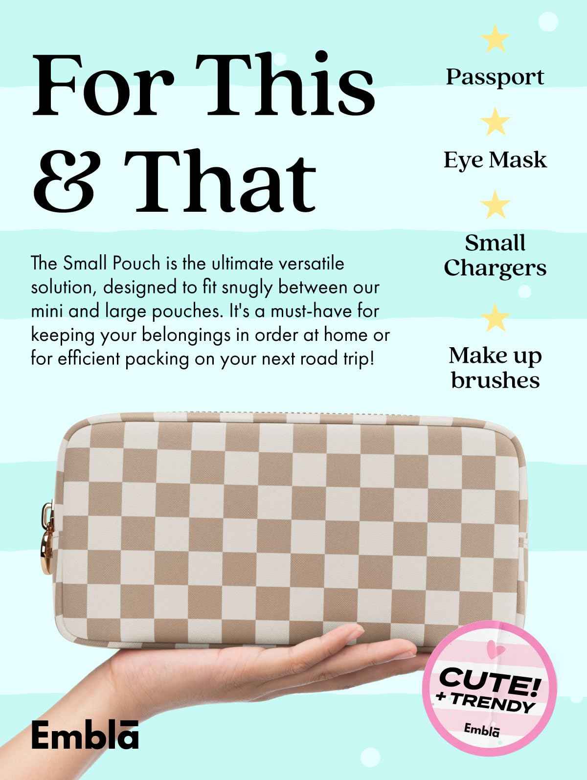 Embla Makeup Bag Travel Cosmetics Pouch and Toiletry Bag, Nylon Zipper Pouch Purse, Cute Make Up Organizer Storage Tote for Women Girls, Travel Skincare Case, Small Makeup Case, Sand Checkered