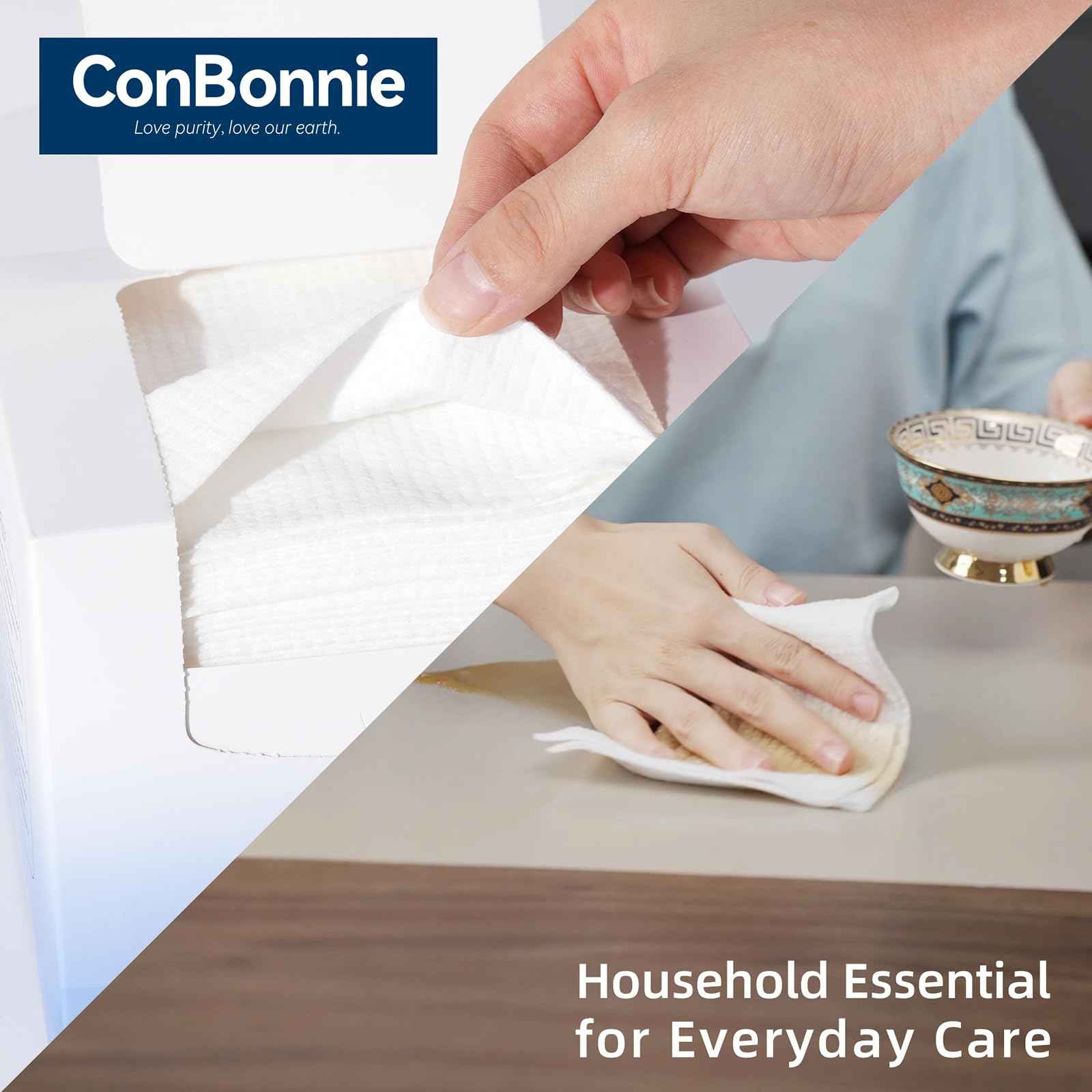 Conbonnie Clean Face Towels XL, 10"×12" Biobased Facial Towels, Disposable Face Towelette, Makeup Remover Dry Wipes, Extra Thick and Soft for Skin Care, Clean Skin, 200 Count (4 Pack)