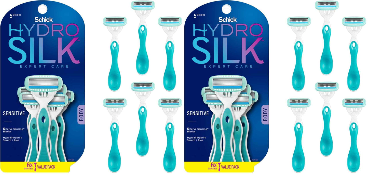 Schick Hydro Silk Sensitive Skin Disposable Razors for Womens, 6 Count (Pack of 2)