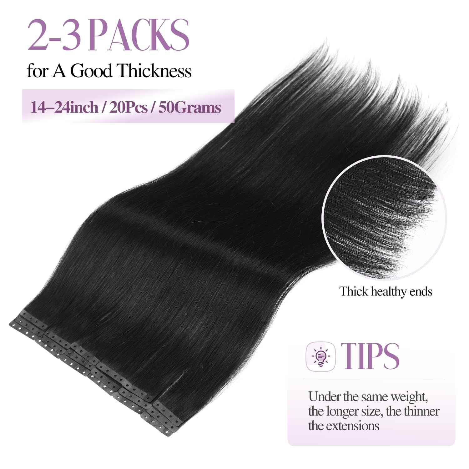 FANCEE No Glue Human Hair Extensions - Jet Black Tape-in With Holes, Glueless Invisible Seamless Skin Weft for Women (40g 20Pcs, 14 Inch)
