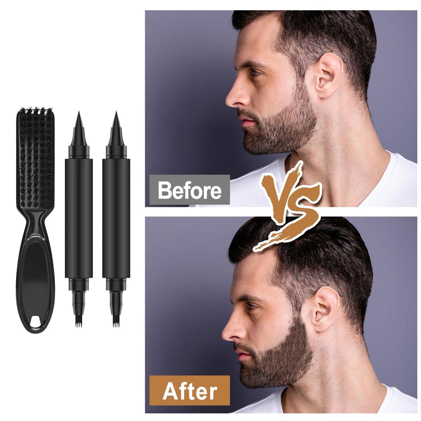 Vtrem Beard Pencil Filler for Men Black 3 Pack Dual Ended Applicator 4 Tip Micro Fork Pointed Tip Stubble Stick Pen With Brush Waterproof Beard Pen and Beard Brush Beard Comb