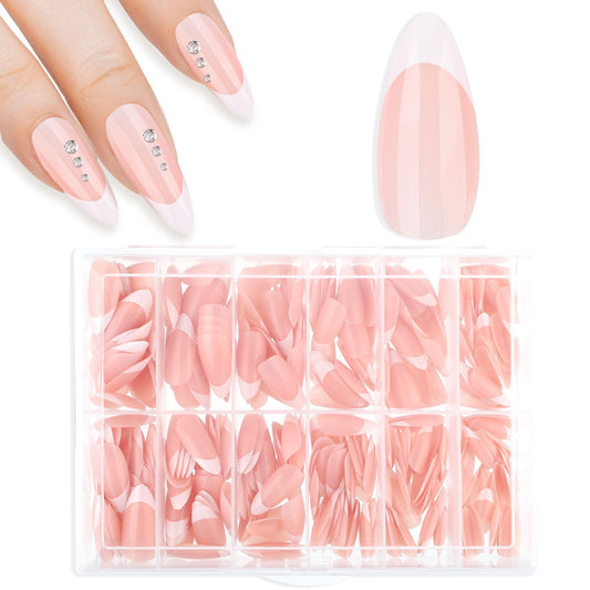 cobee Press on Nails Square Long, 360 Pcs Coffin Fake Nails French Tip Nude Color False Nail Glossy Full Cover Glue on Nails Ballerina Nail Art Manicure Decorations for Women Girls(Almond)